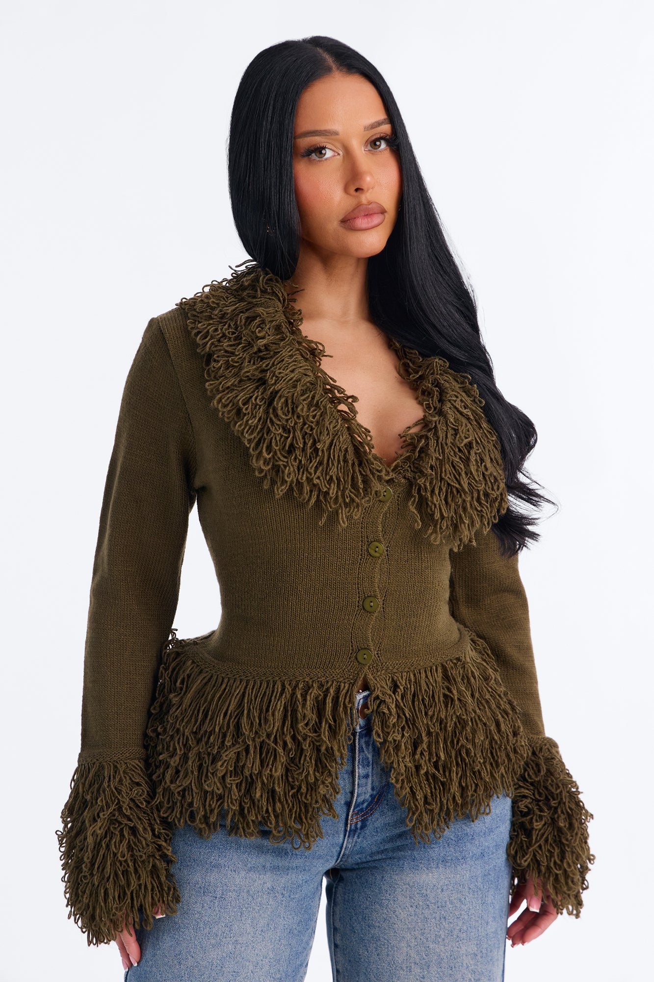 Carlina Shaggy Button Up Cardigan - Olive