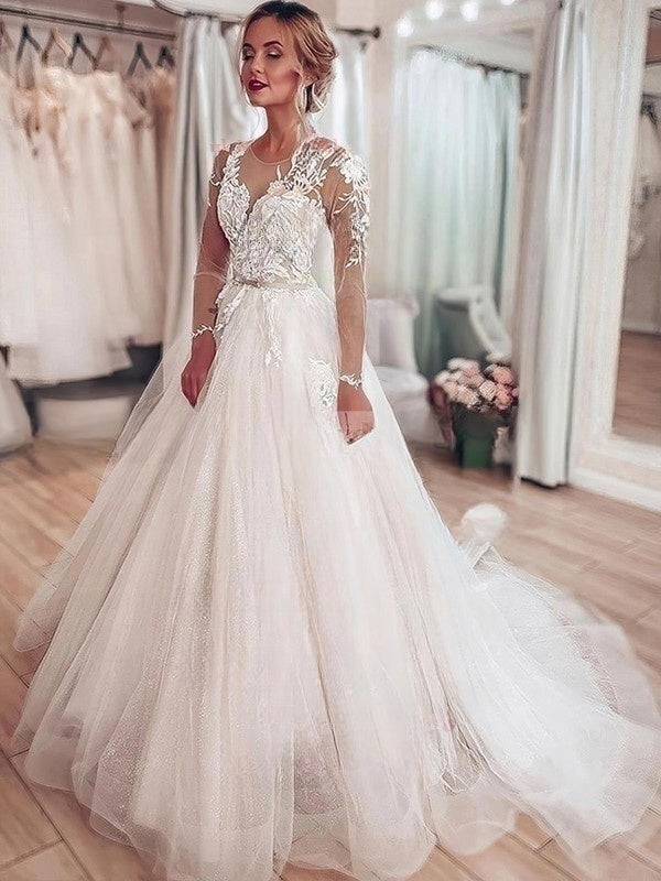 Beautiful Ball Gown Long Sleeves Tulle Sweep Train Lace Wedding Dresses with Appliques