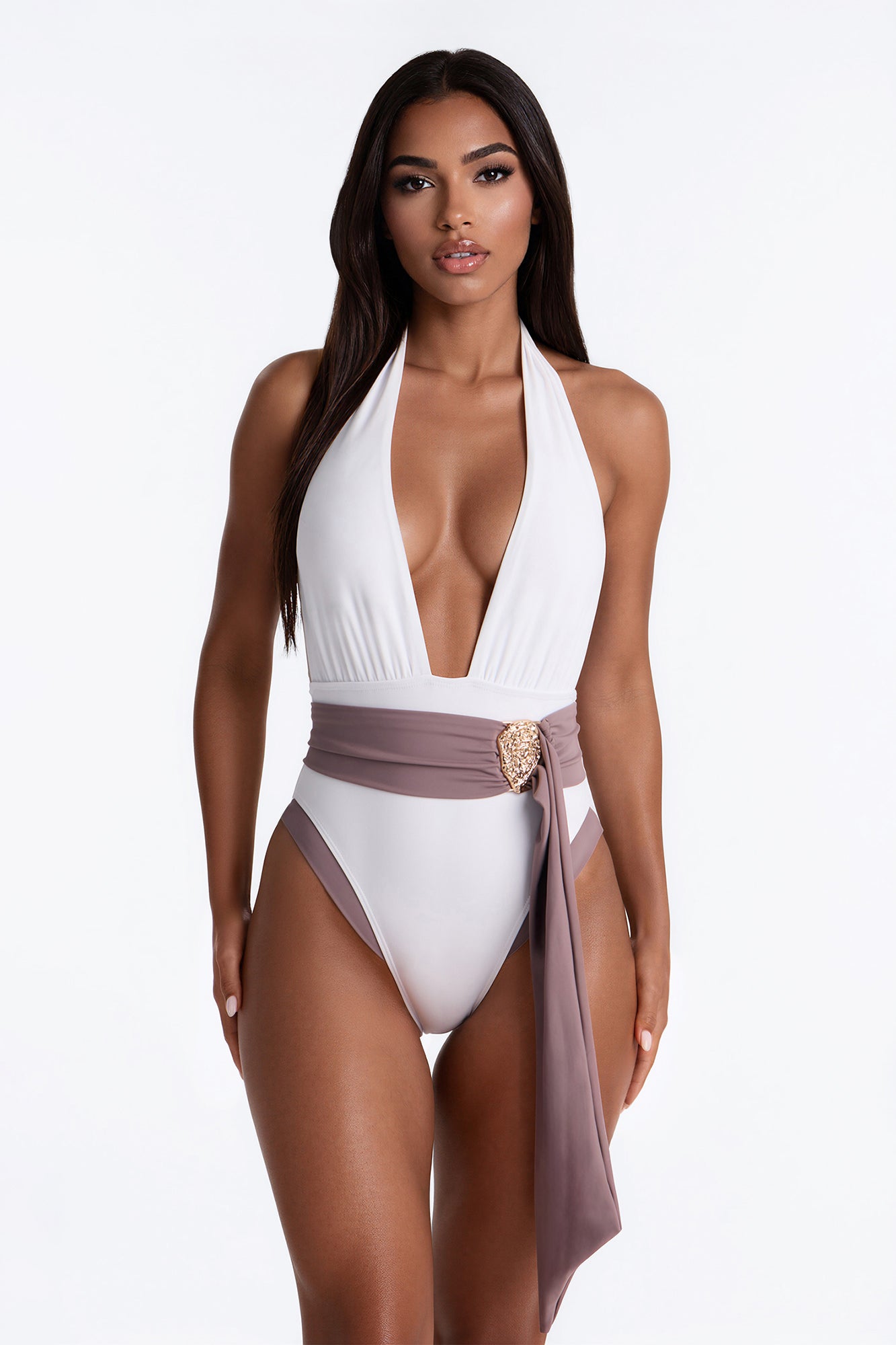 Hampton Summer 1 Piece Plunge Swimsuit - White/combo