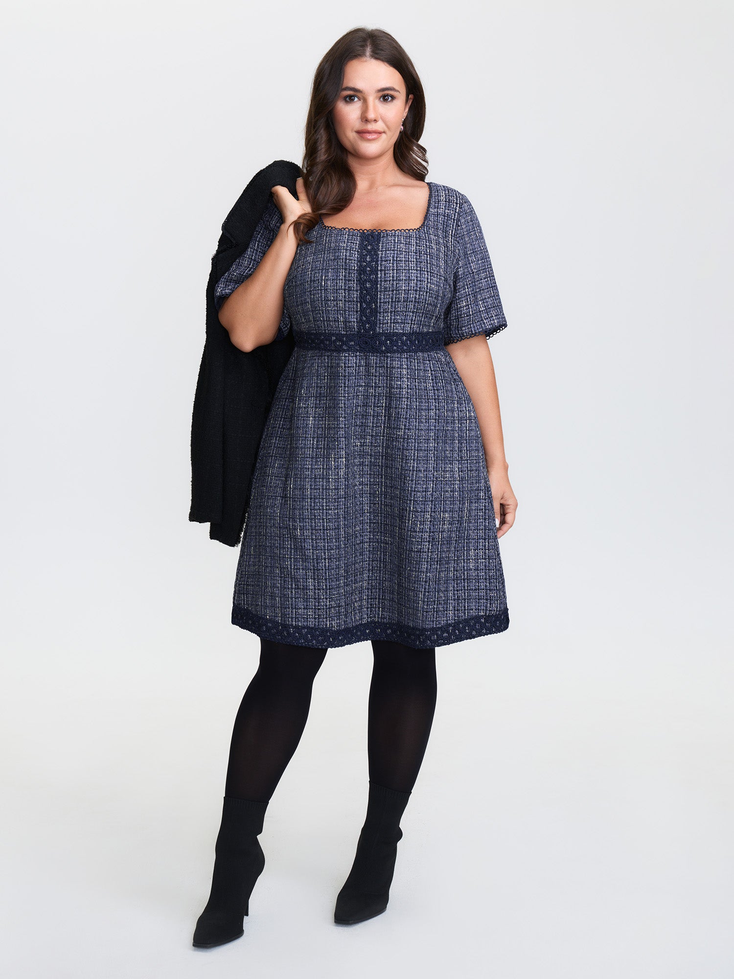 Tweed Lace Trim Square Neckline Midi Dress