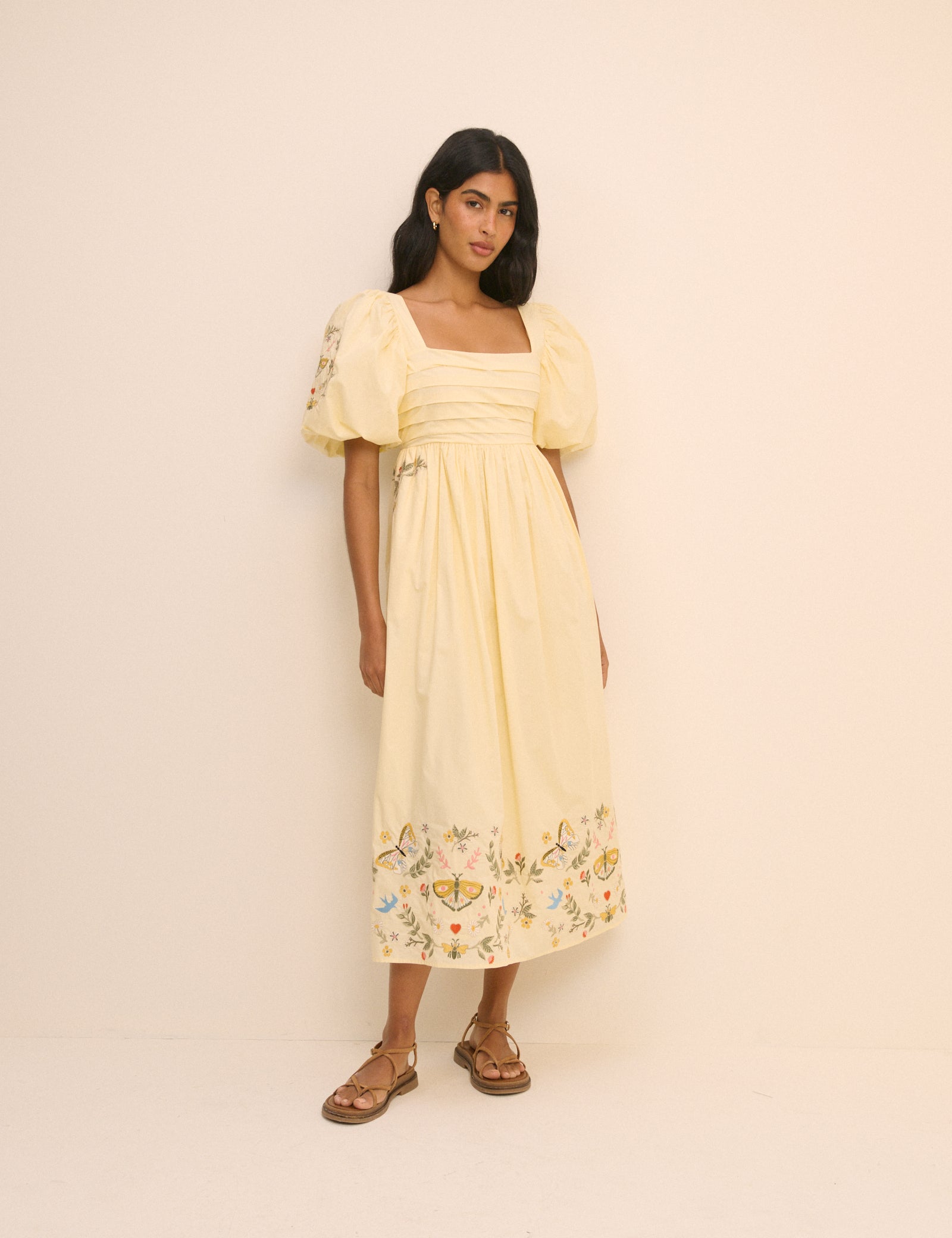 Butter Yellow Embroidered Pleated Nova Midi Dress