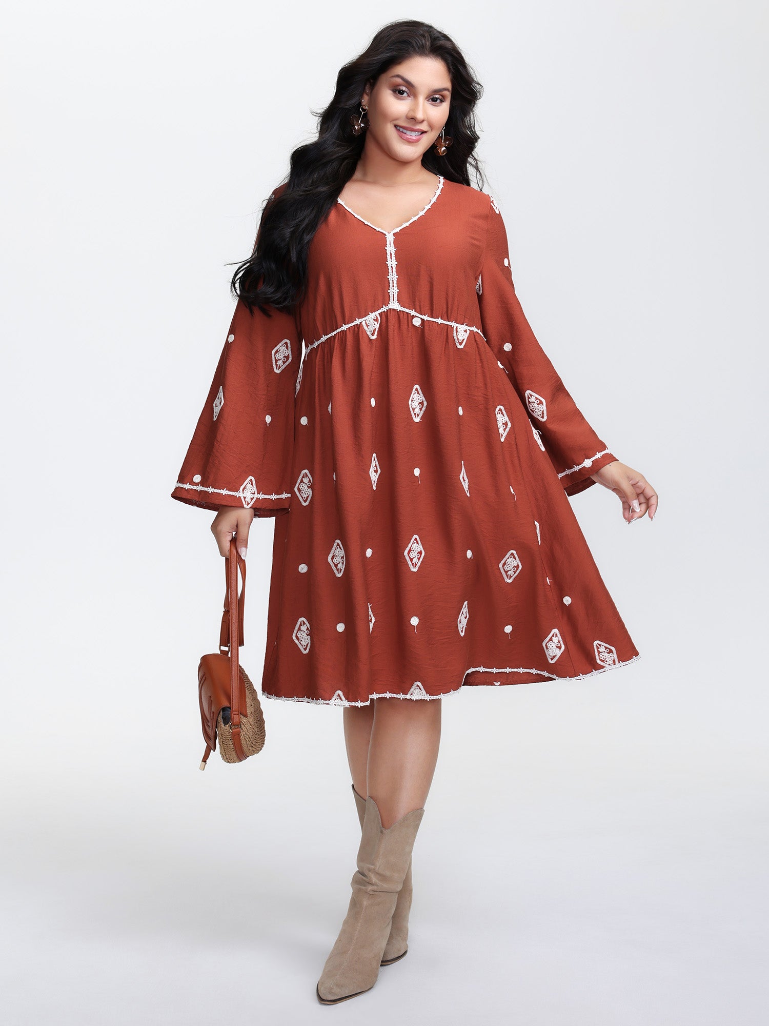 Embroidered Stretchy Waist Contrast Mini Dress