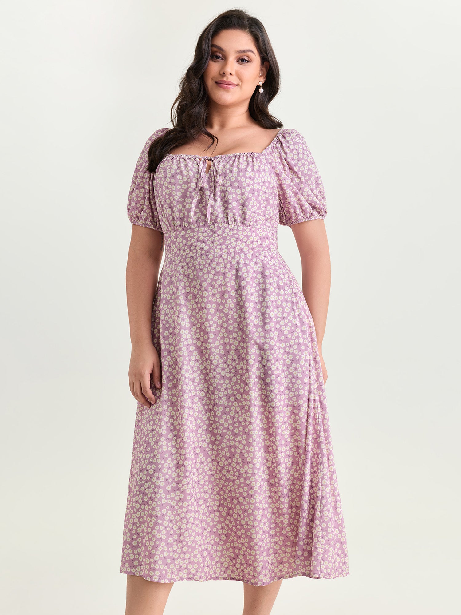 Ditsy Floral Print Cinched Waist Midi Dress