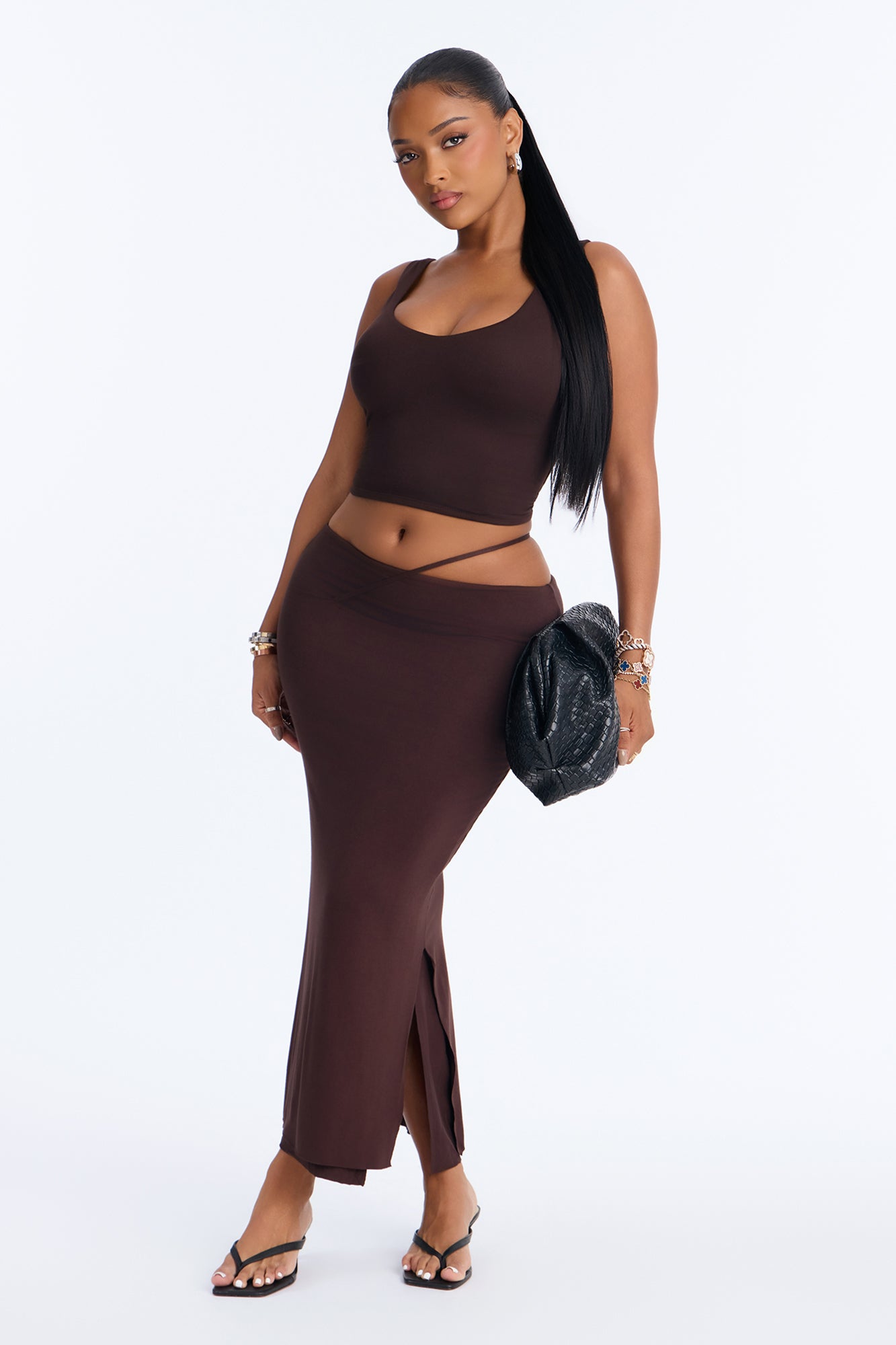 Mia Modal Waist Strap Midi Skirt - Chocolate