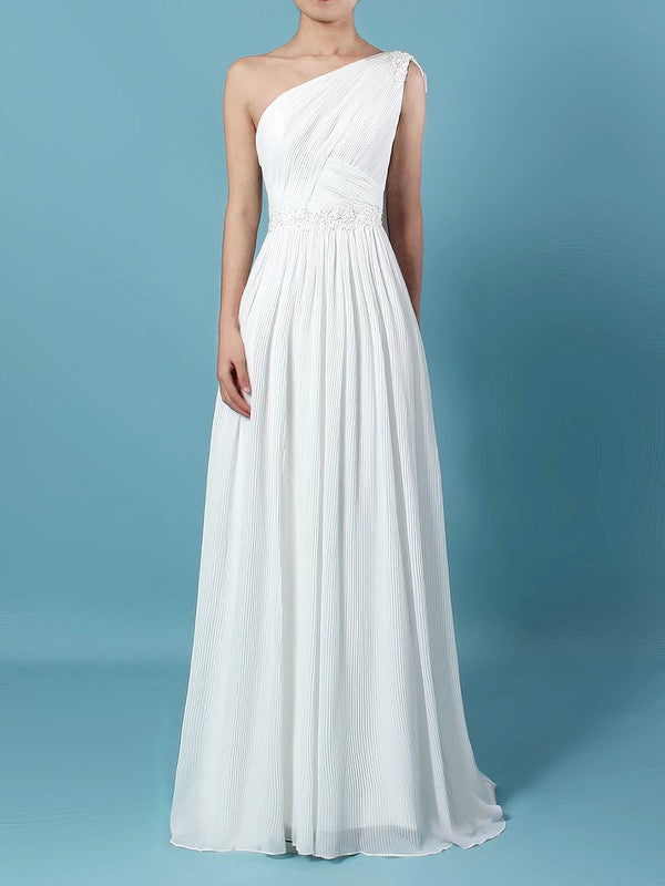 Elegant A-Line One Shoulder Chiffon Sweep Train Wedding Dresses with Beads