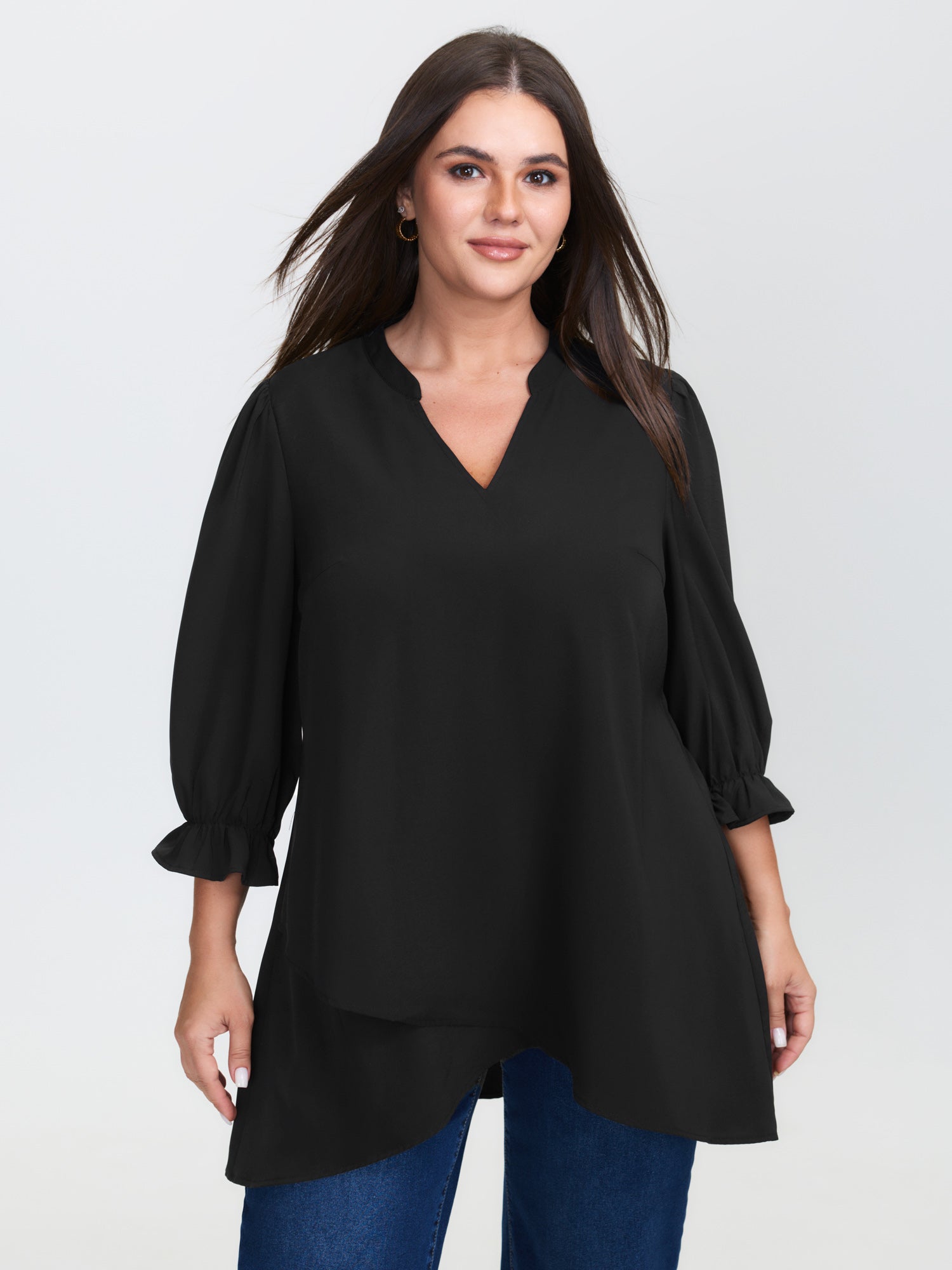 Overlap Hem Stretchy Cuff Sleeve Blouse