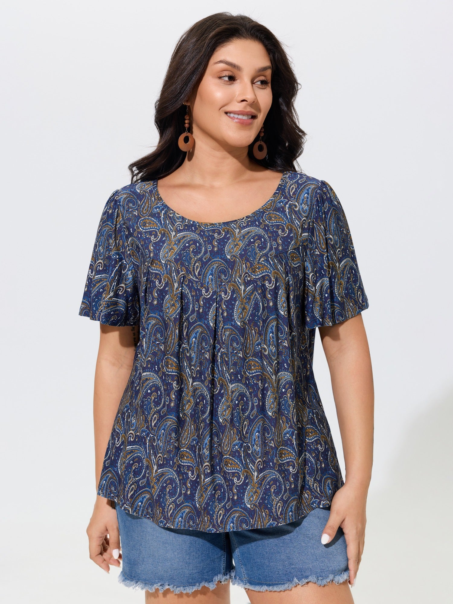 Paisley Print Round Neck Front Pleated Top