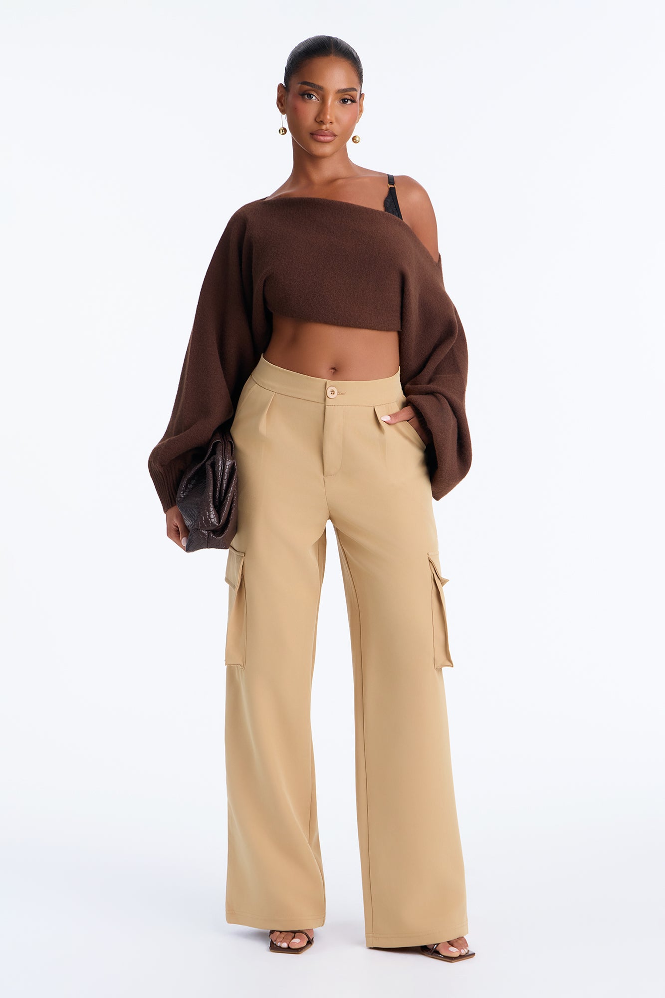 Taryn High Rise Pleated Cargo Pant - Tan