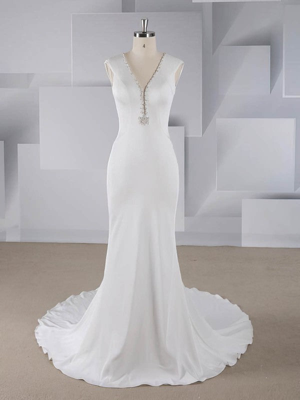 Beautiful Mermaid V-Neck Stretch Satin Wedding Dresses with Sweep Train
