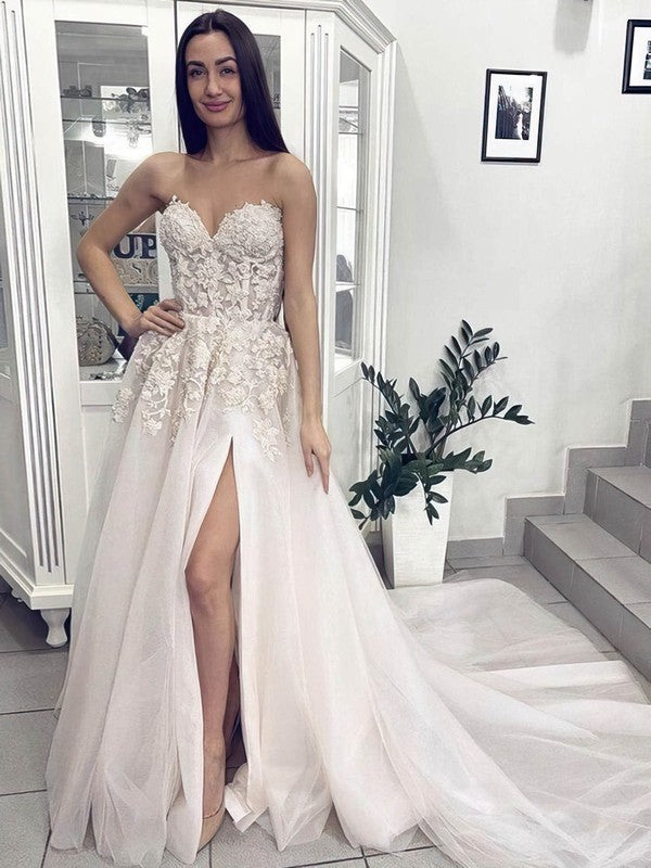 Elegant A-Line Sweetheart Strapless Lace Tulle Wedding Dresses with Split