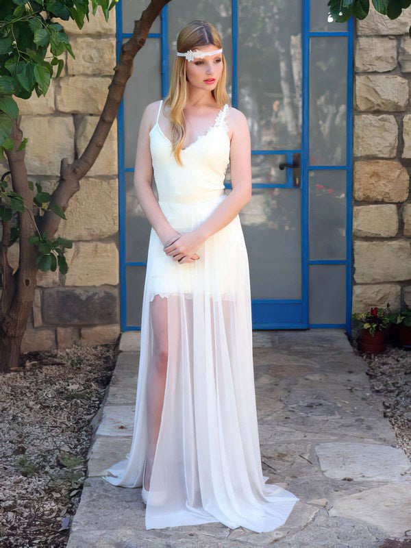Sexy A-Line V-Neck Spaghetti Straps Lace Chiffon Sweep Train Split Front Wedding Dresses with Ribbon