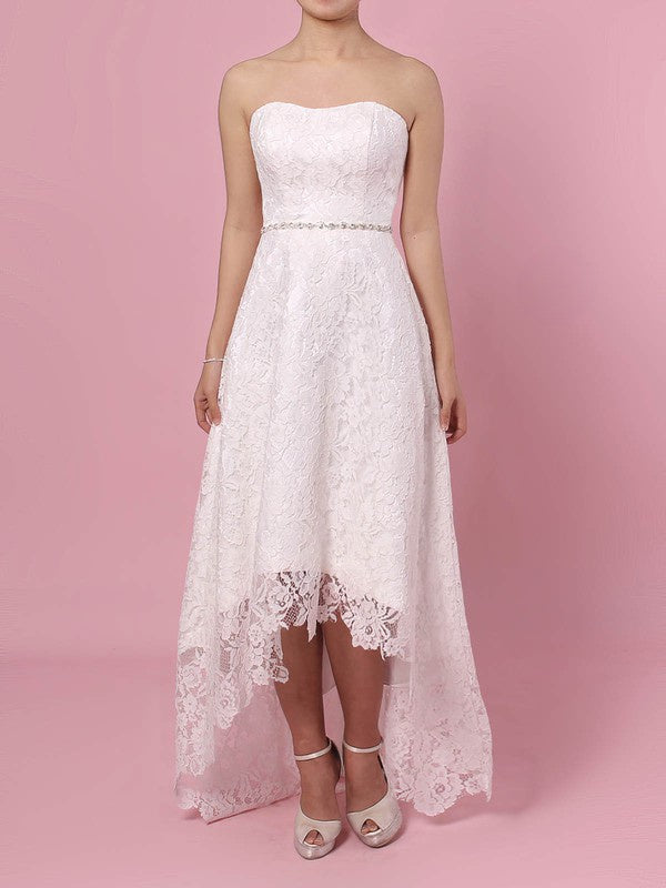 Beautiful A-Line Strapless Lace Asymmetrical Wedding Dresses with Sash