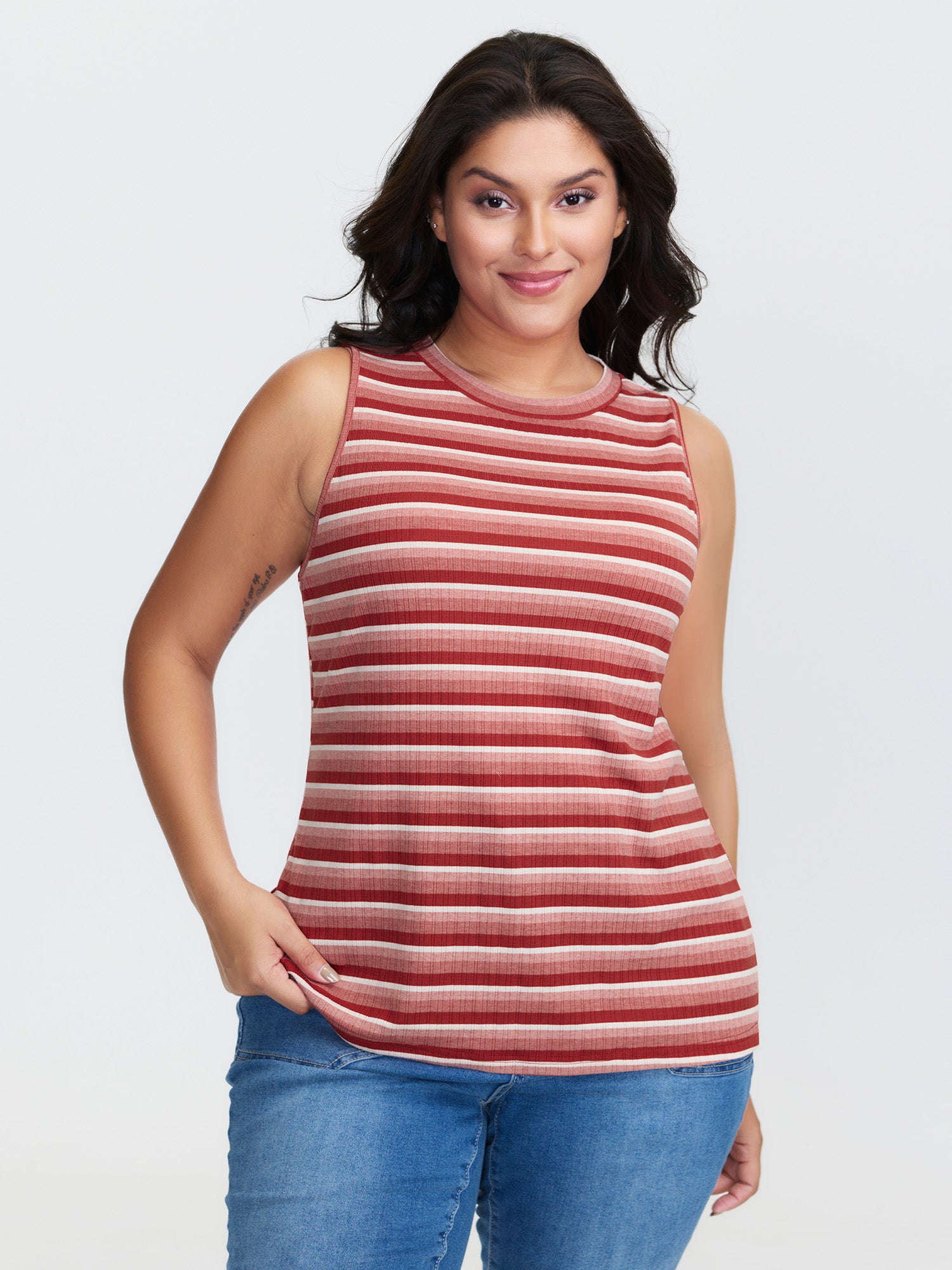 Stretchy Ribbed Crew Neckline Fitted Tank Top