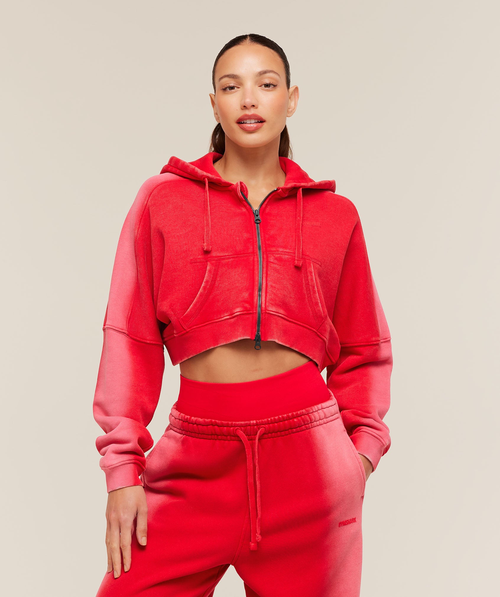 Gymshark Pump Washed Zip Through Hoodie - Carmine Red/Soft White/Wash