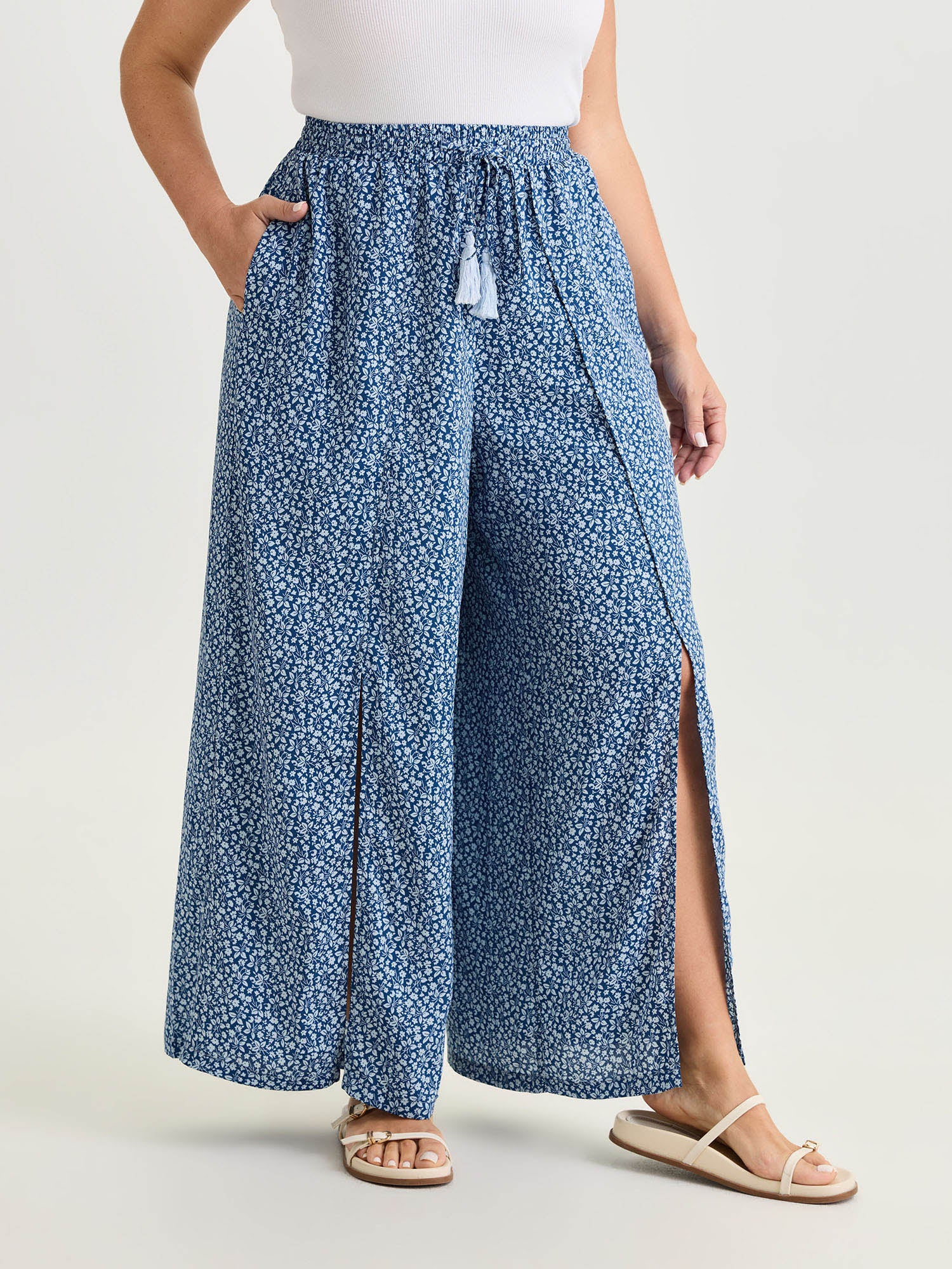 Floral Print Front Slit Wide-Leg Pants