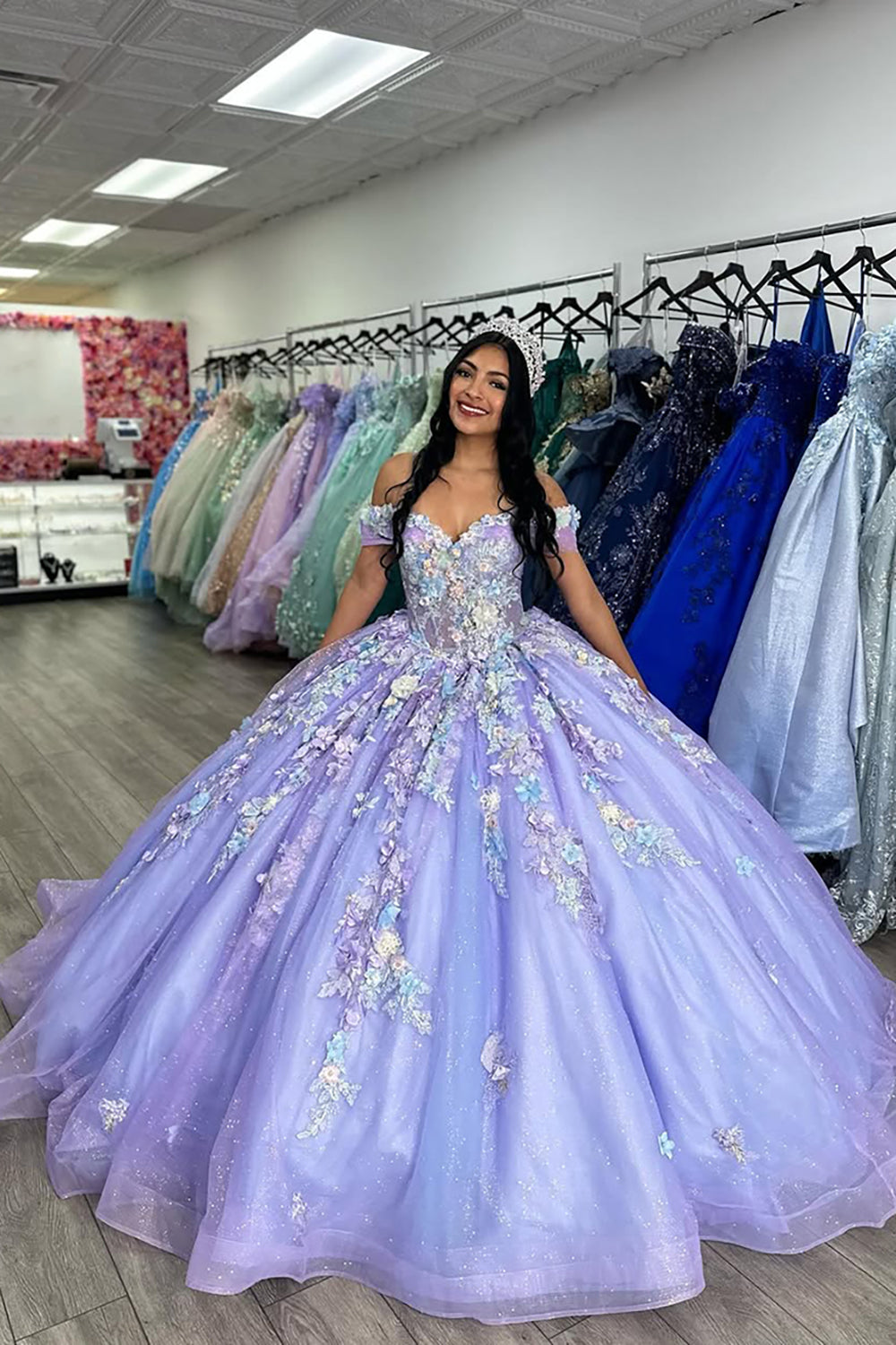 Off the Shoulder Ball Gown Quinceanera Dress in Sparkly Lavender Rose with Appliques