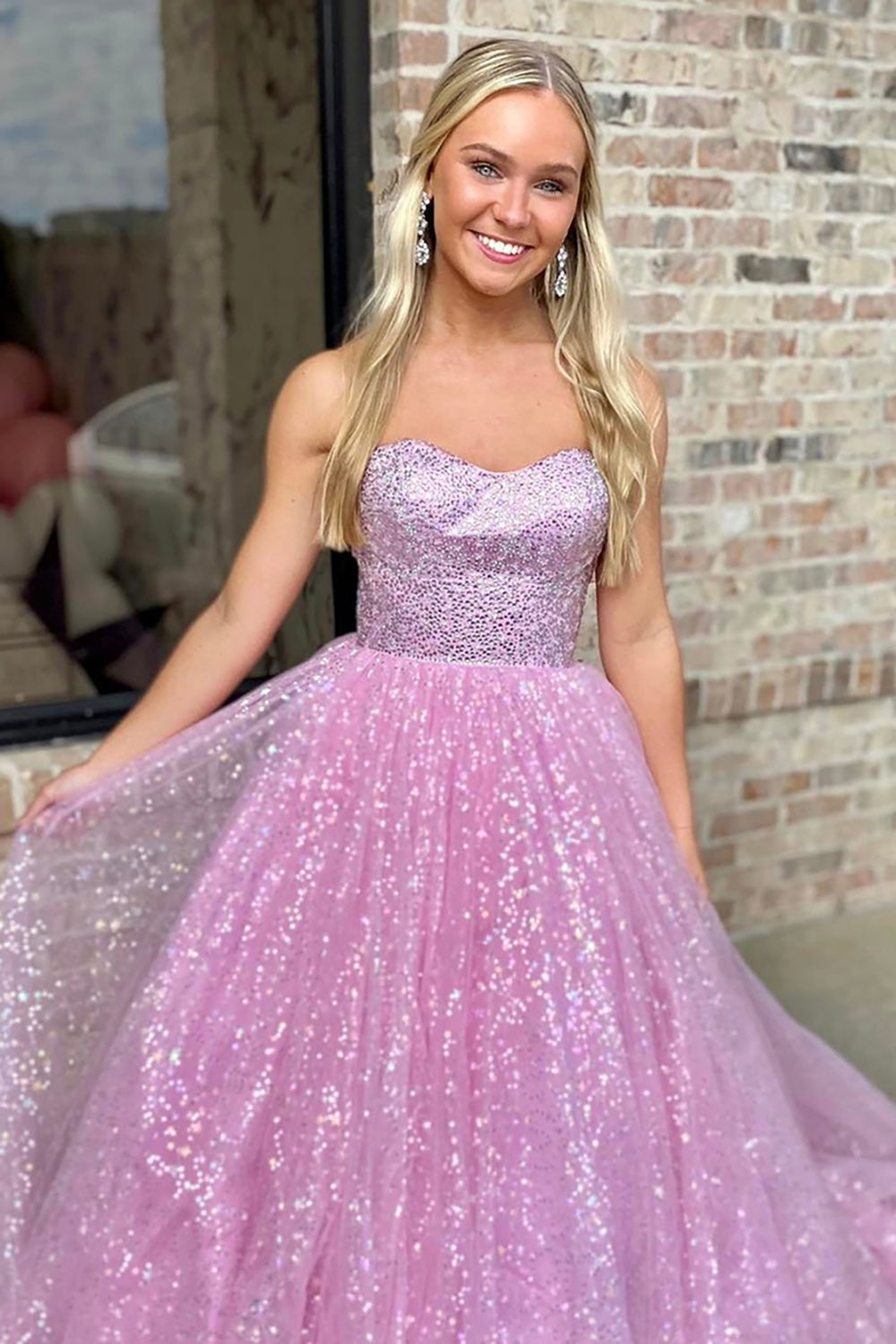 Long Pink Sequined Prom Dress with Sparkly Tulle and Sweetheart Neckline