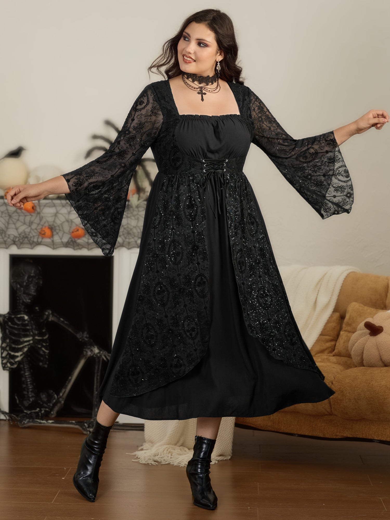 Sparkle Lace Bell Sleeve Corset‑Waist Midi Dress