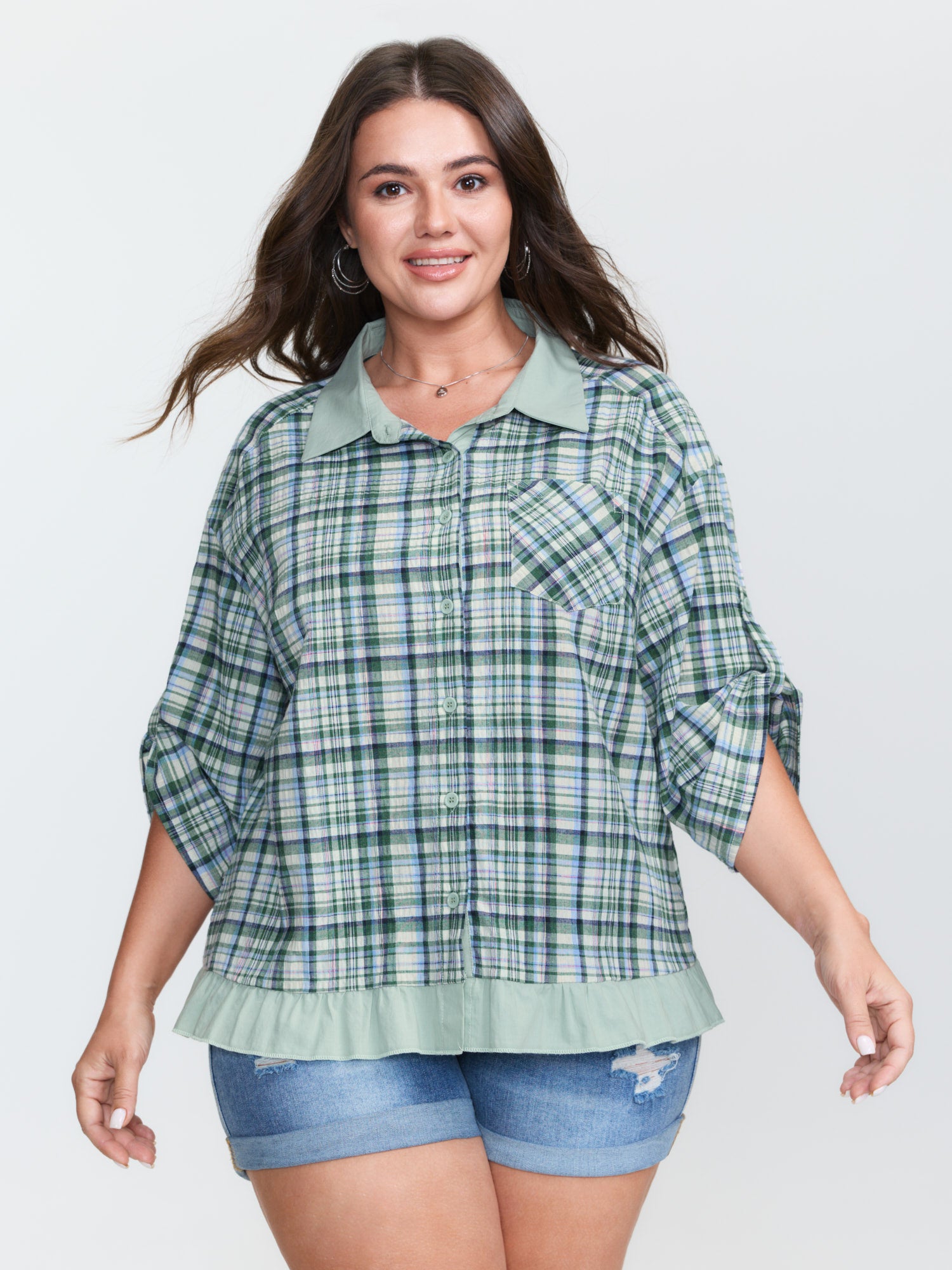 Cotton Grid Pattern Contrast Button-Down Blouse