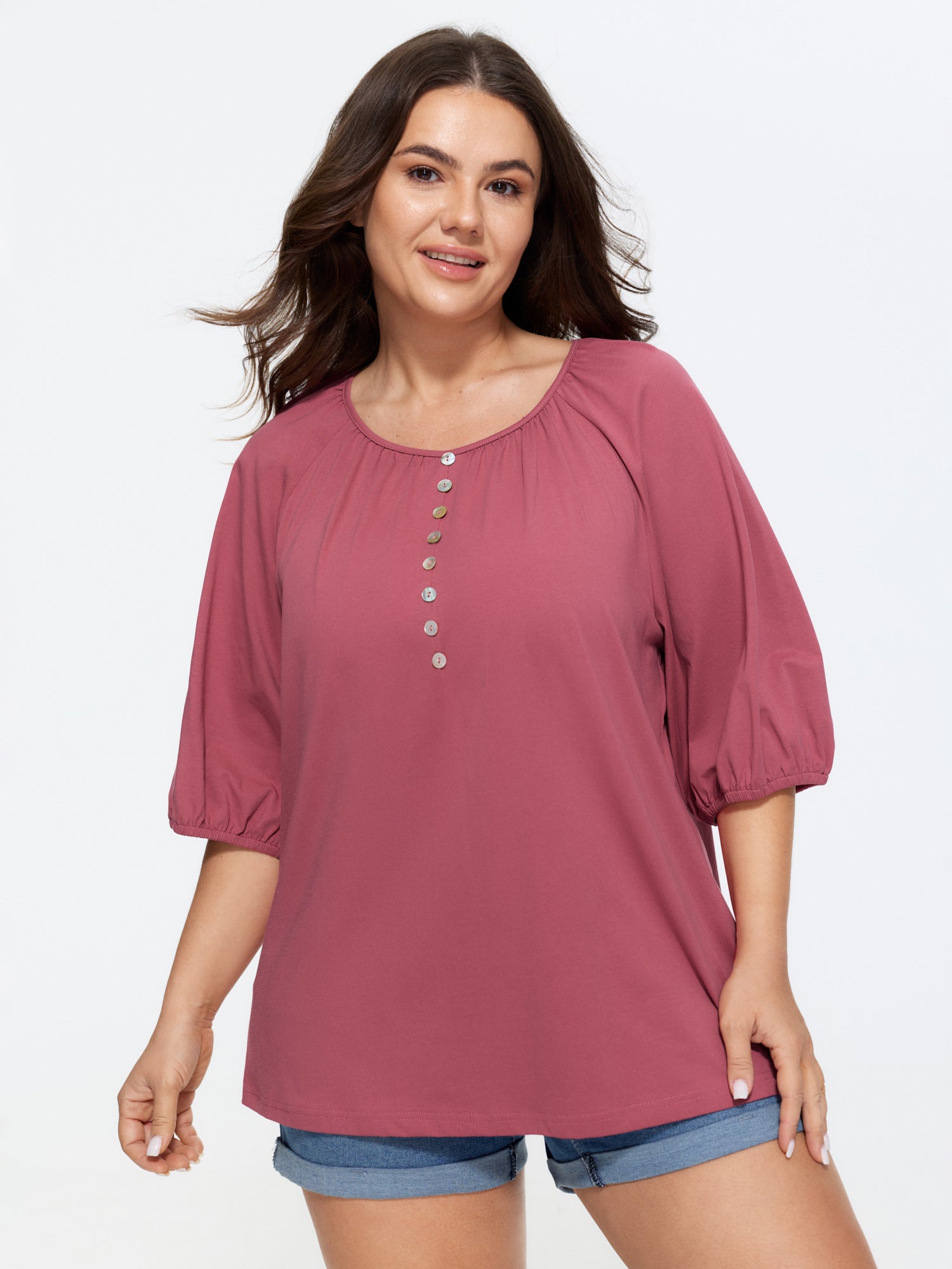 Cotton Pleated Button-Front Jersey Top