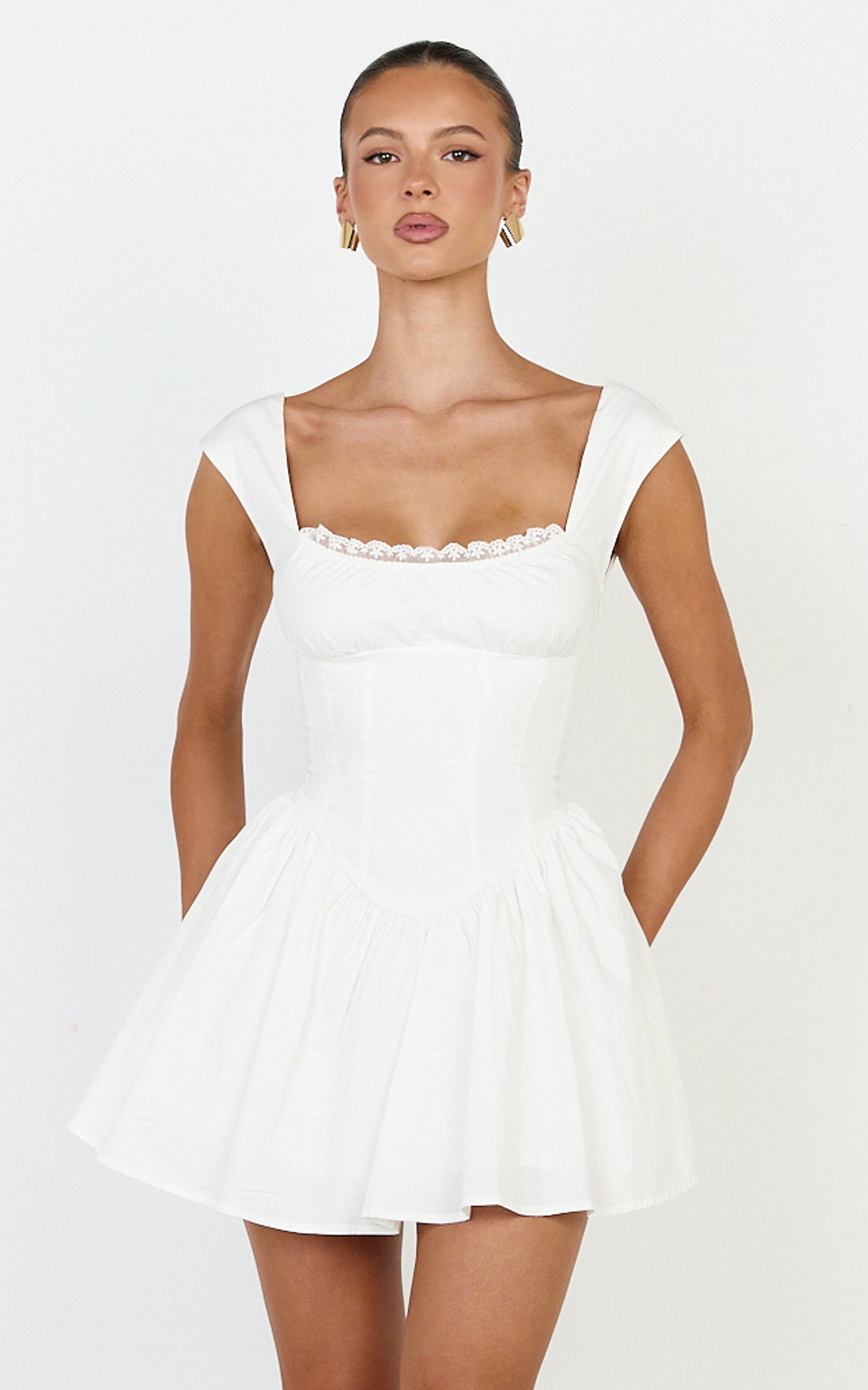 Clementine Mini Dress - Cap Sleeve Lace Trim Fit And Flare Mini Dress in Off White