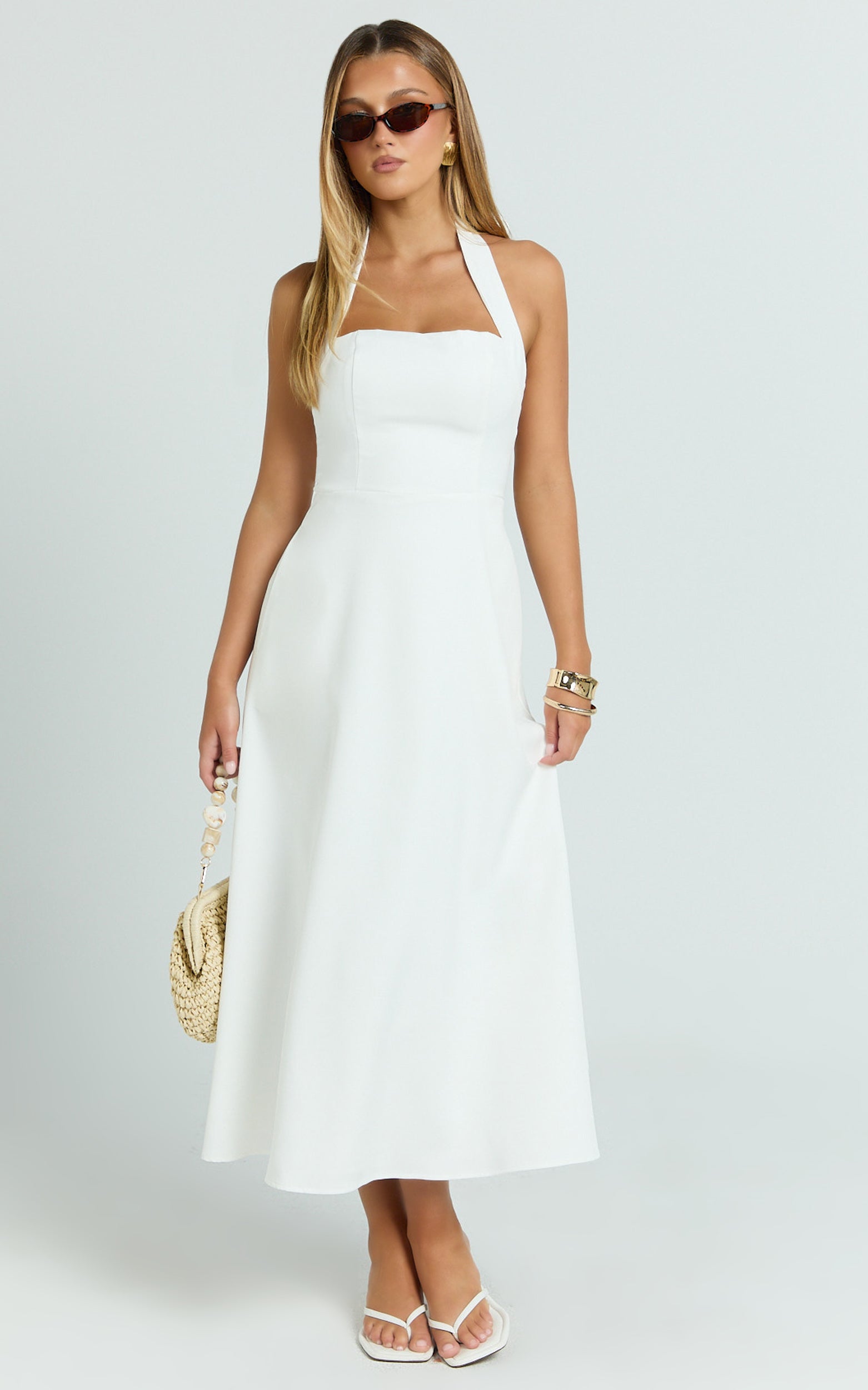 Karissa Midi Dress - Halter Neck Fit and Flare Midi Dress in White