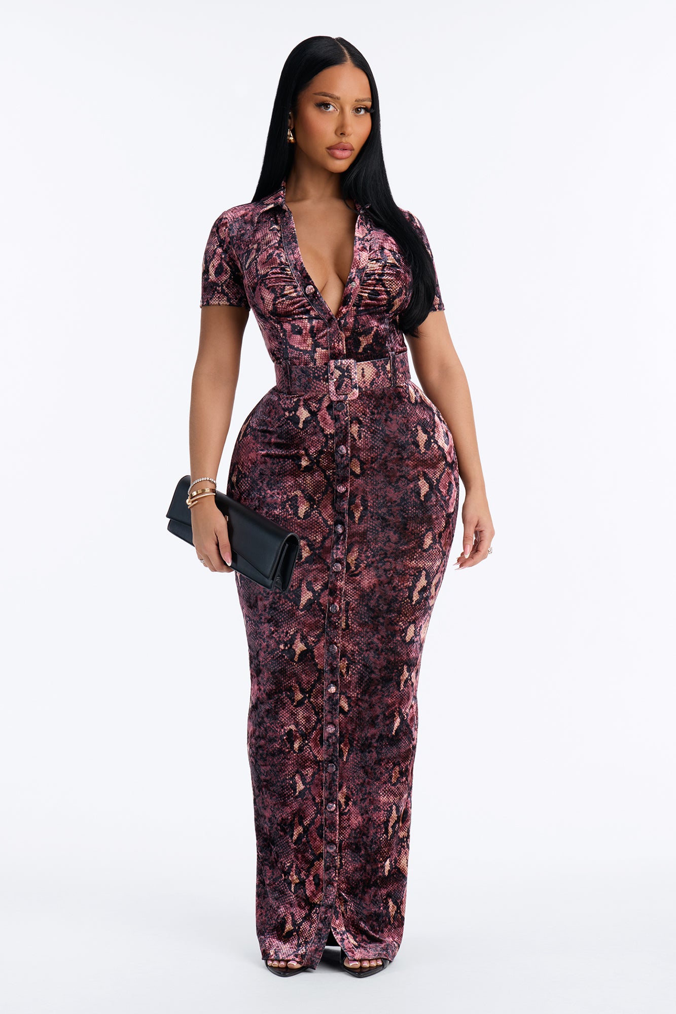 Slither Snake Print Velvet Maxi Dress - Black/combo