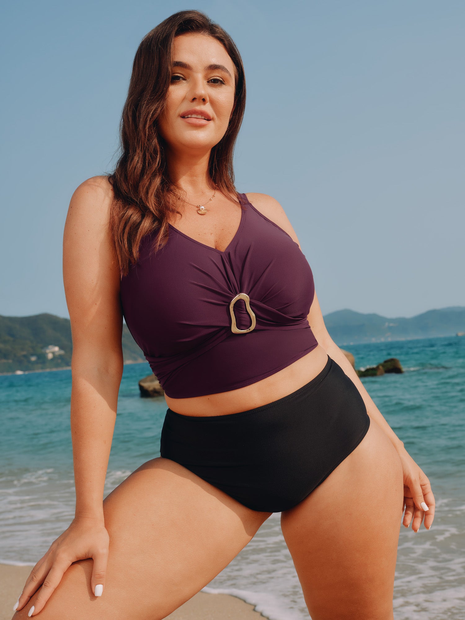 Gathered Metal Buckle Detail Bikini Top