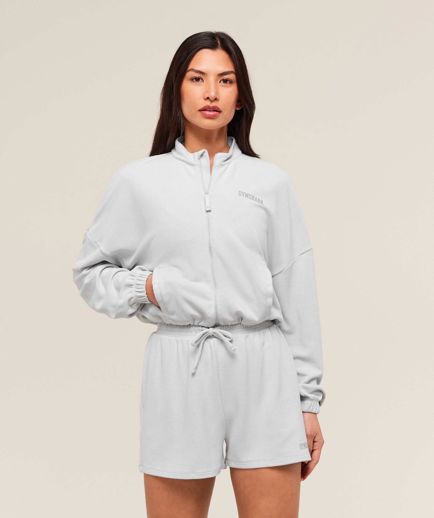 Gymshark Waffle Midi Zip Up Jacket - Light Grey