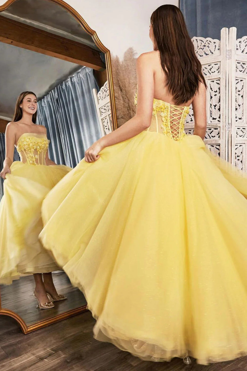 Long Yellow Strapless Prom Dress with Criss Cross Back in A-Line Style