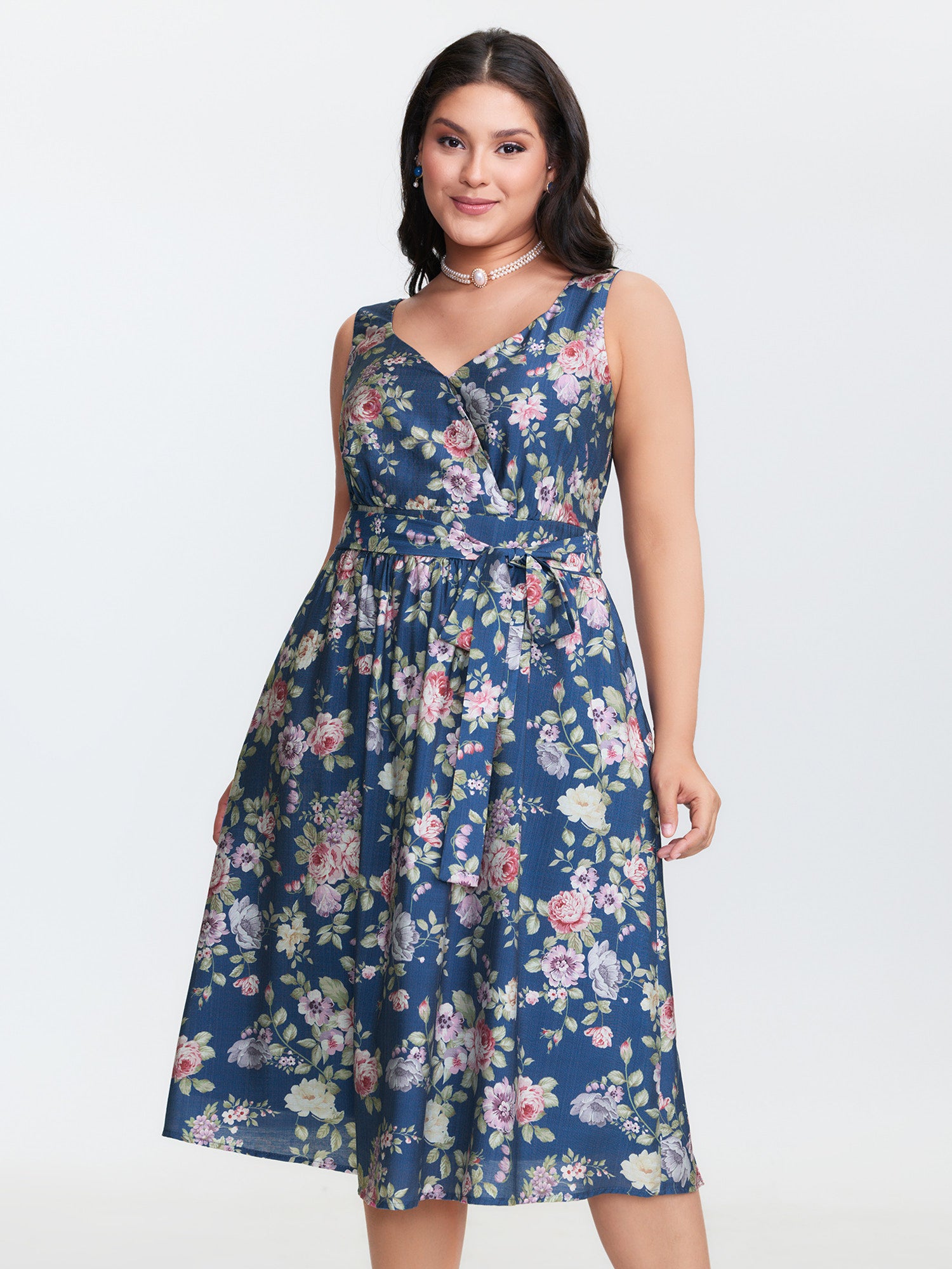Retro Floral Print Back-Tie Midi Dress