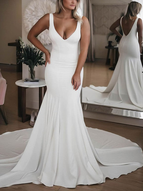 Elegant V-Neck Backless Mermaid Stretch Satin Court Train Wedding Dresses