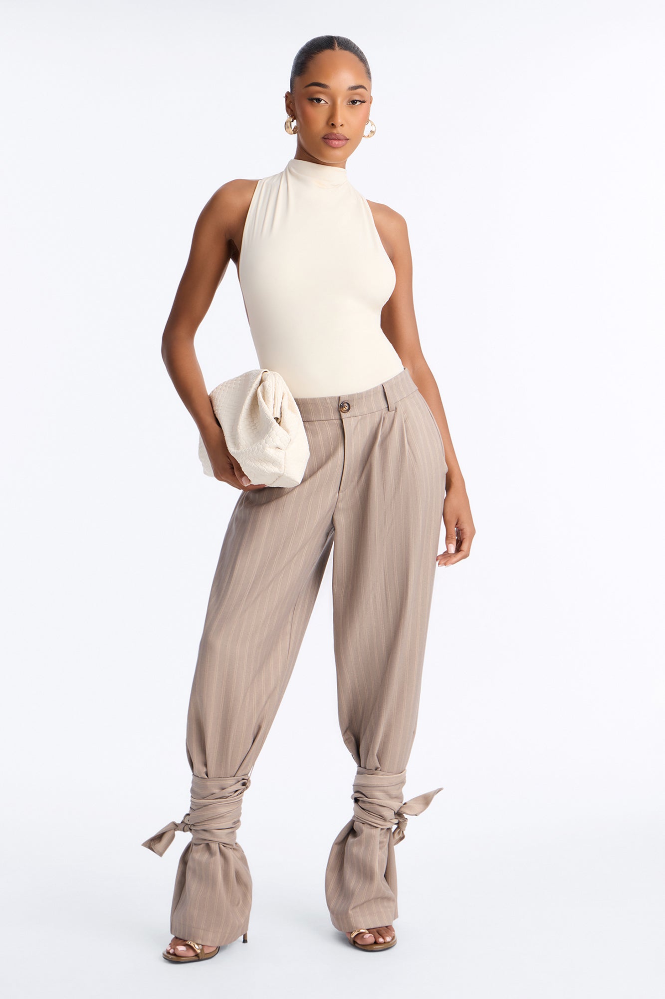 Stella Mid Rise Ankle Wrap Tie Trouser - Taupe/combo