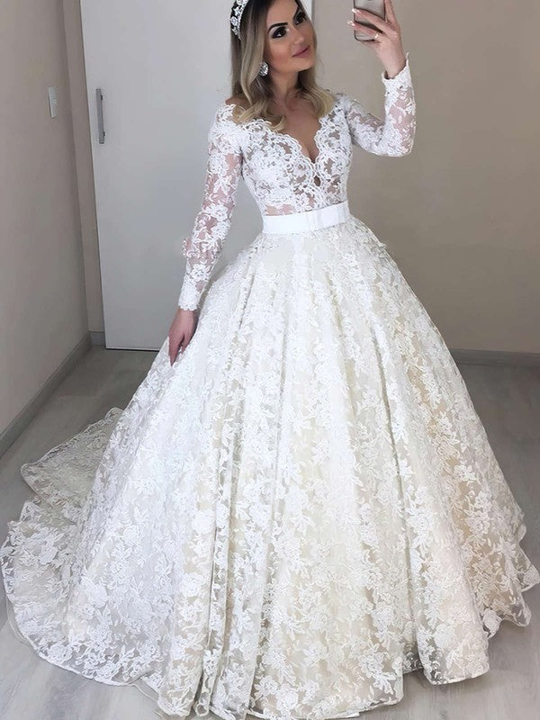 Exquisite V-Neck Long Sleeves Lace Court Train Ball Gown Wedding Dresses with Sash