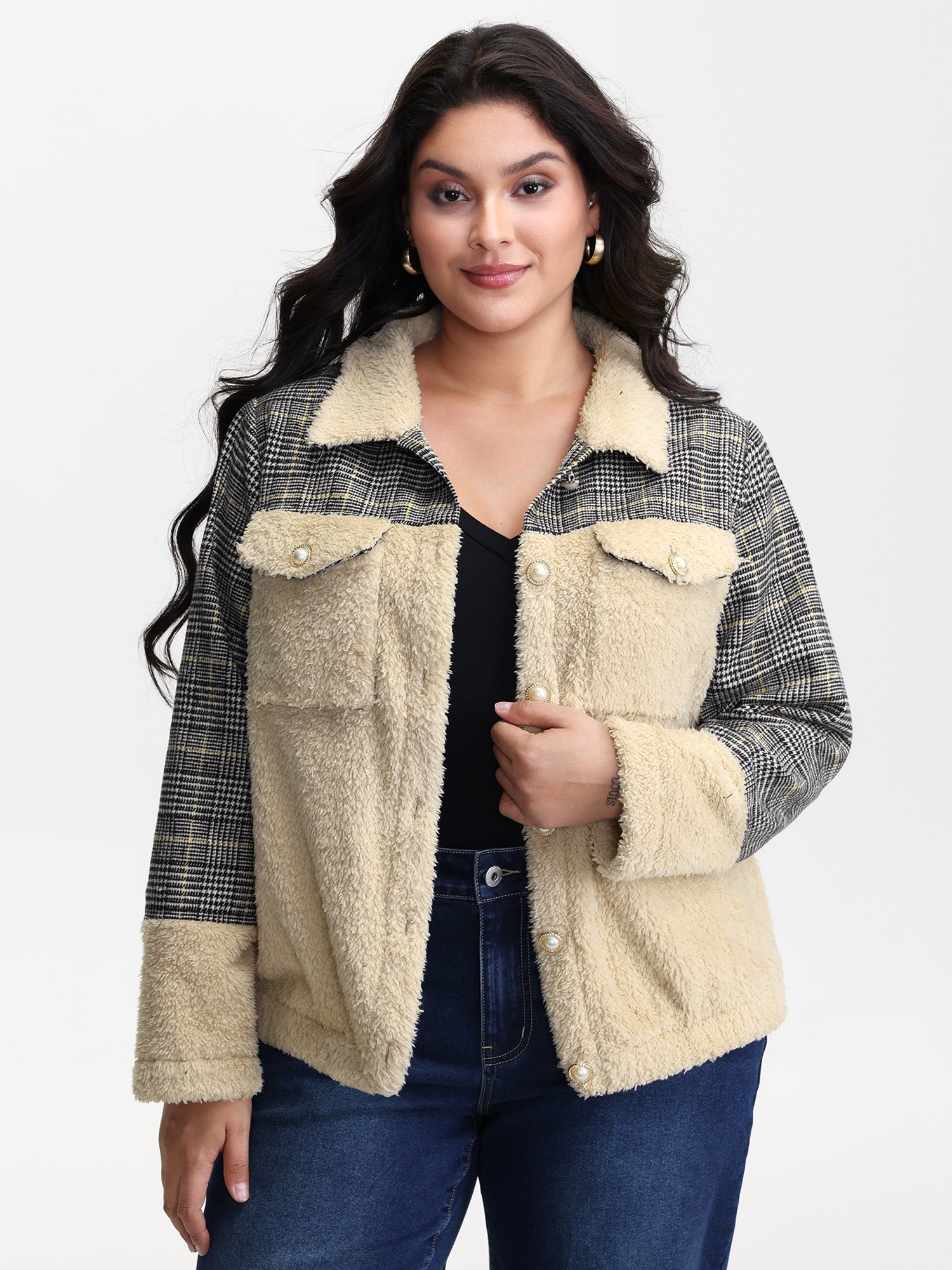 Plush Patchwork Patch Pockets Coat