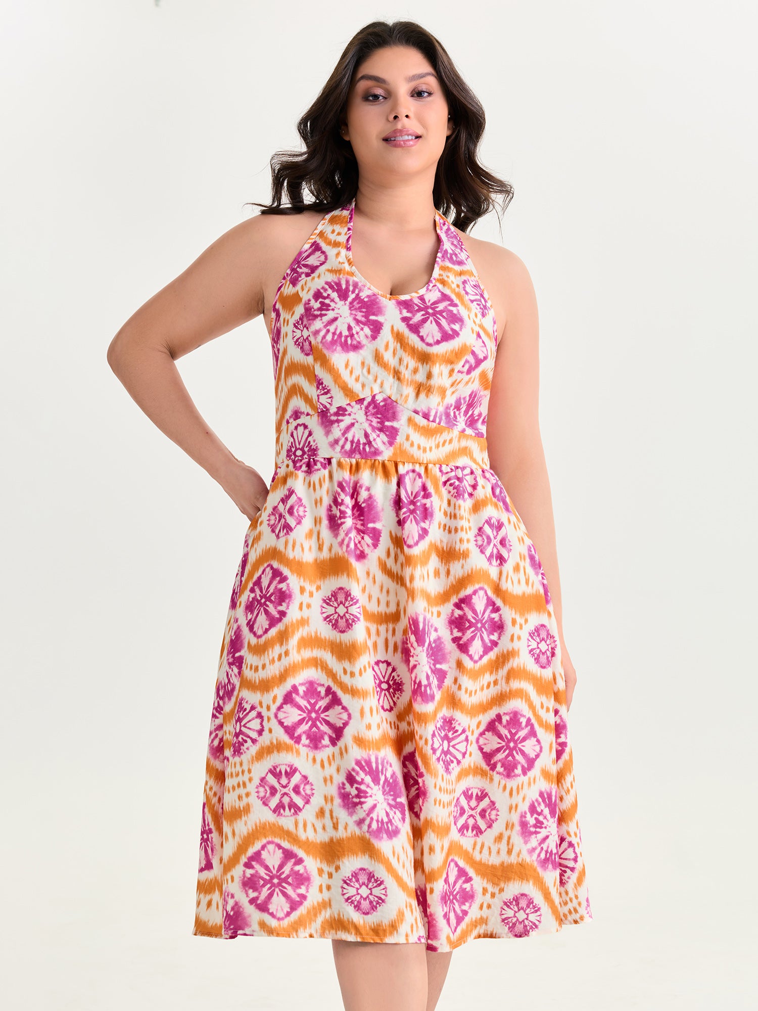 Tie-Dye Floral Effect Shirred Midi Dress