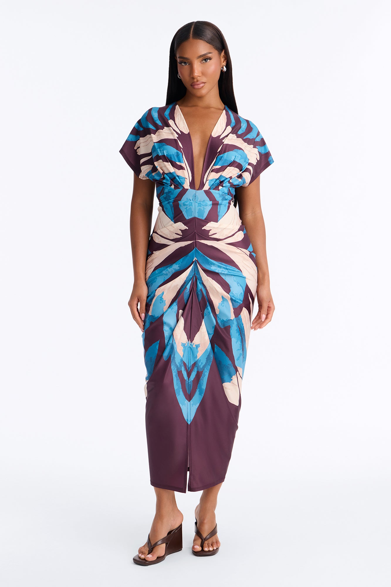 Tulip Twirl Floral Ruched Midi Dresses - Teal/combo