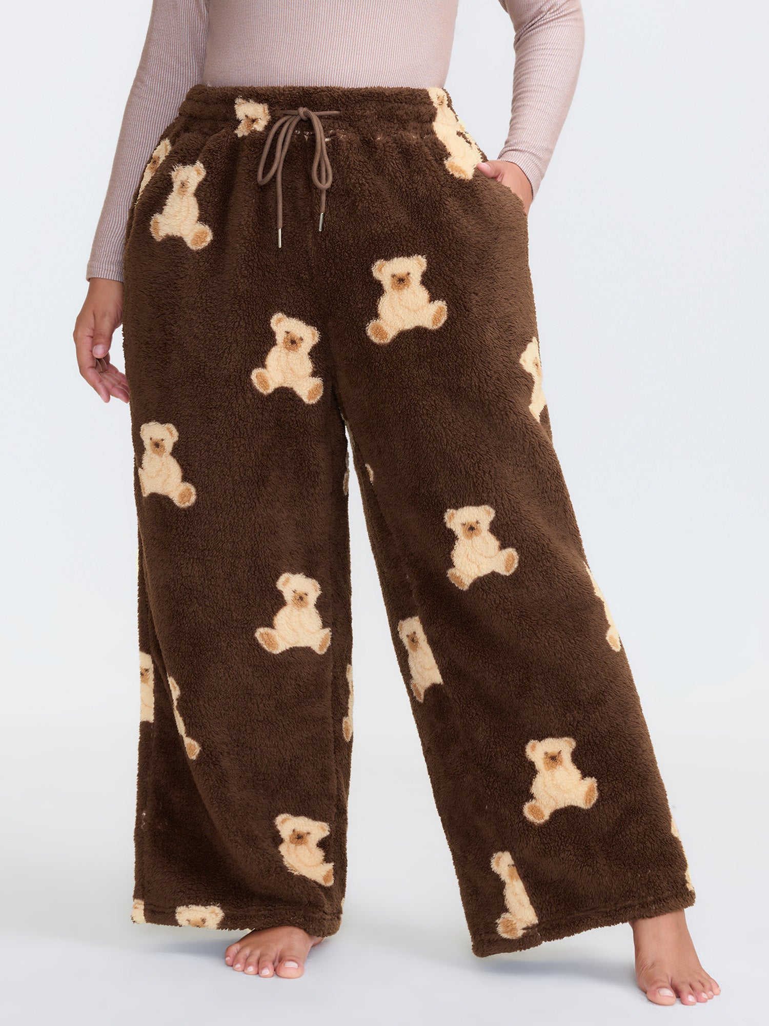Plush Teddy Pattern Pockets Lounge Bottoms