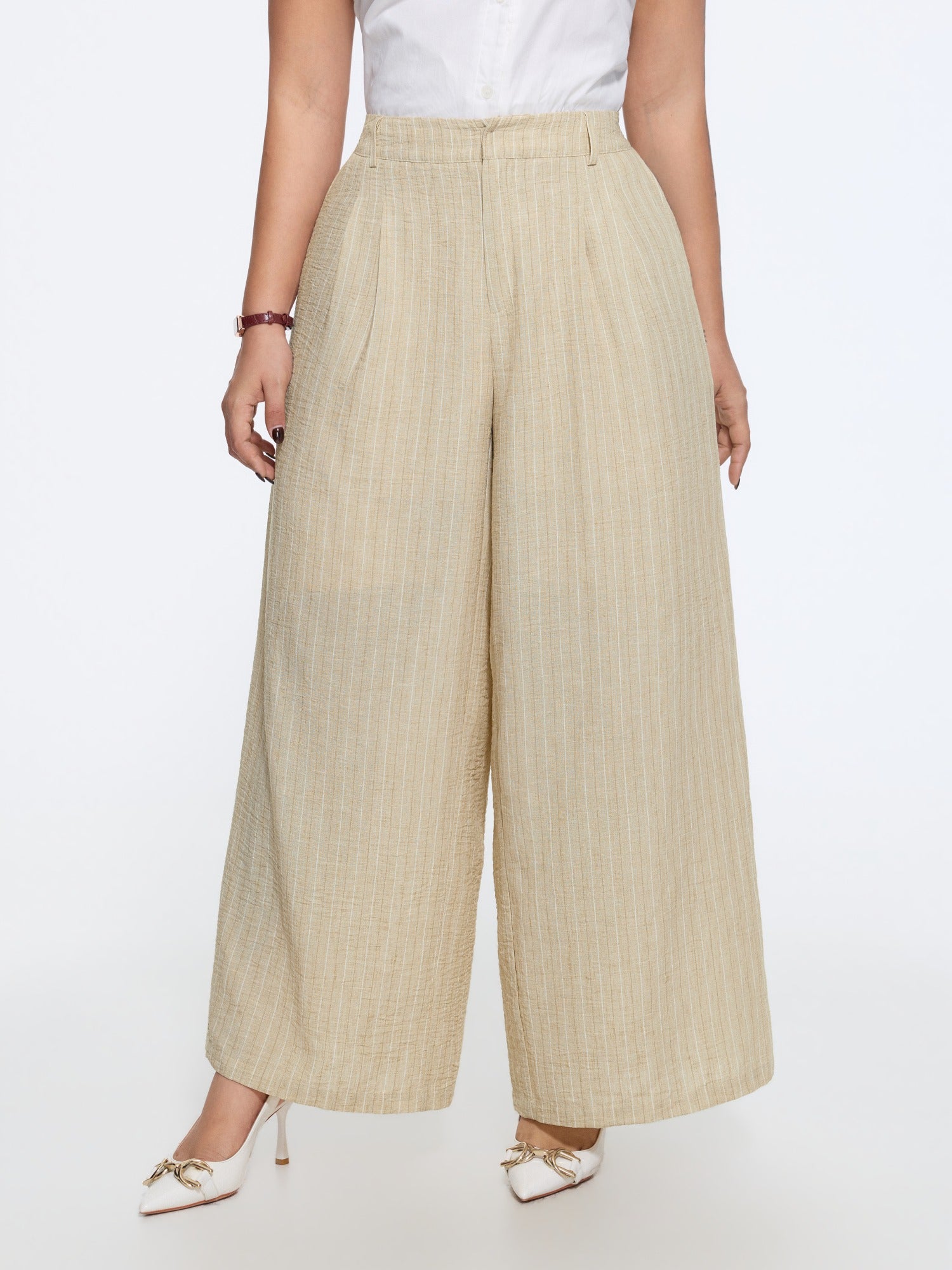 Textured Striped Pleated Wide Leg Pants