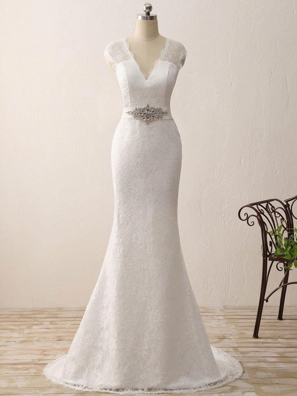 Elegant Sweep Train Trumpet V-Neck Lace Wedding Dresses with Sash