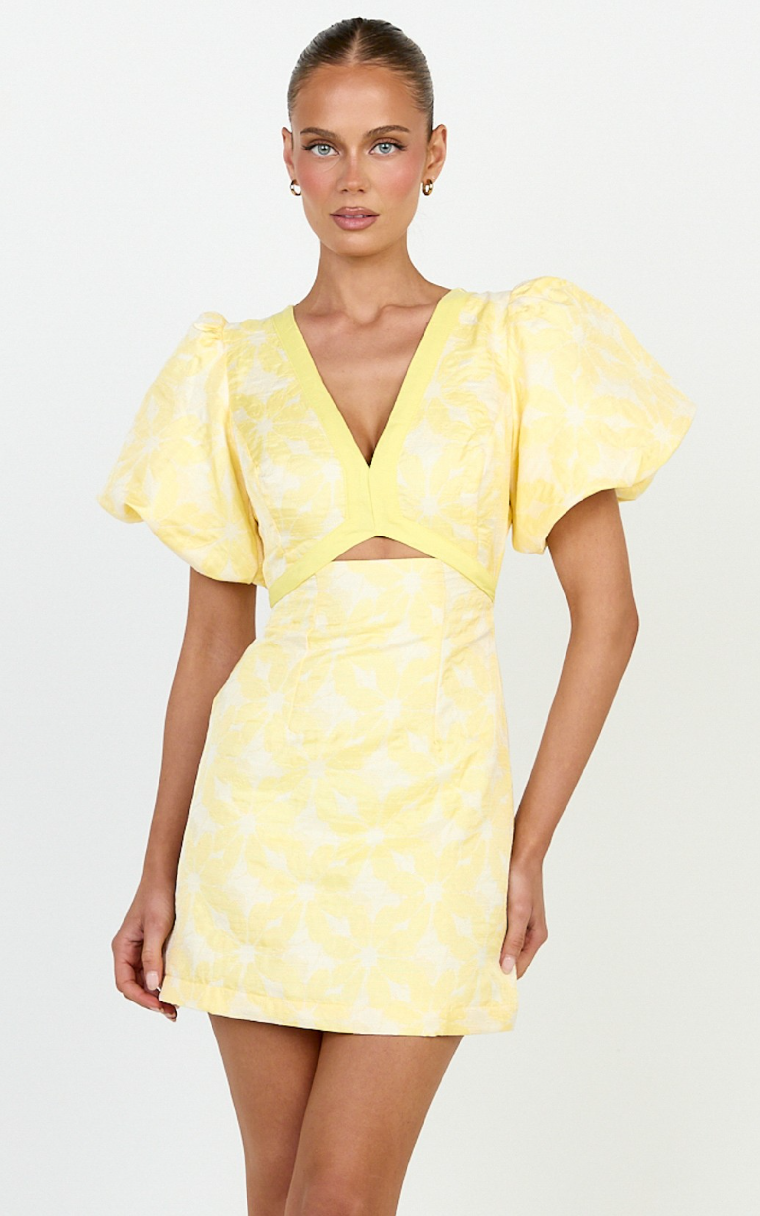 Diana Mini Dress - Jacquard Short Sleeve Cut Out Dress in Lemon