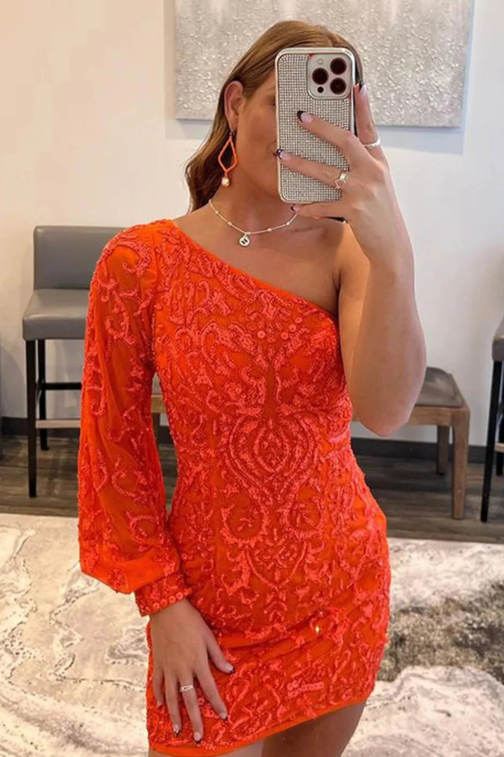 Orange Beaded Sequins One Shoulder Tight Homecoming Dress/Mini Dress