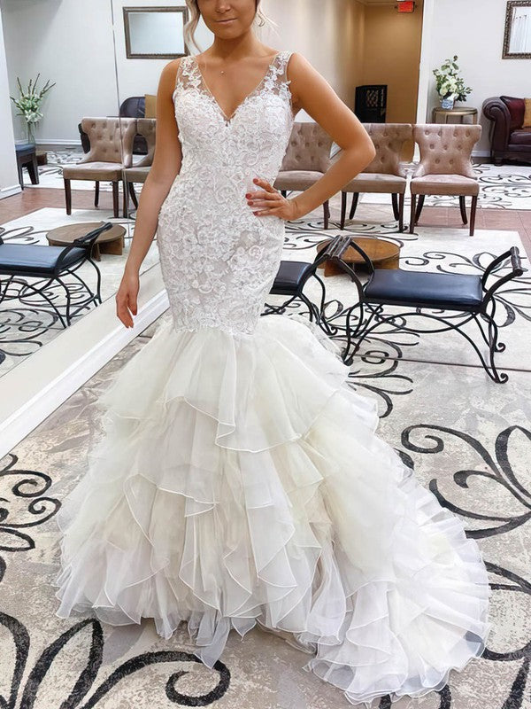 Classic Tiered Trumpet V-Neck Sleeveless Tulle Sweep Train Lace Wedding Dresses
