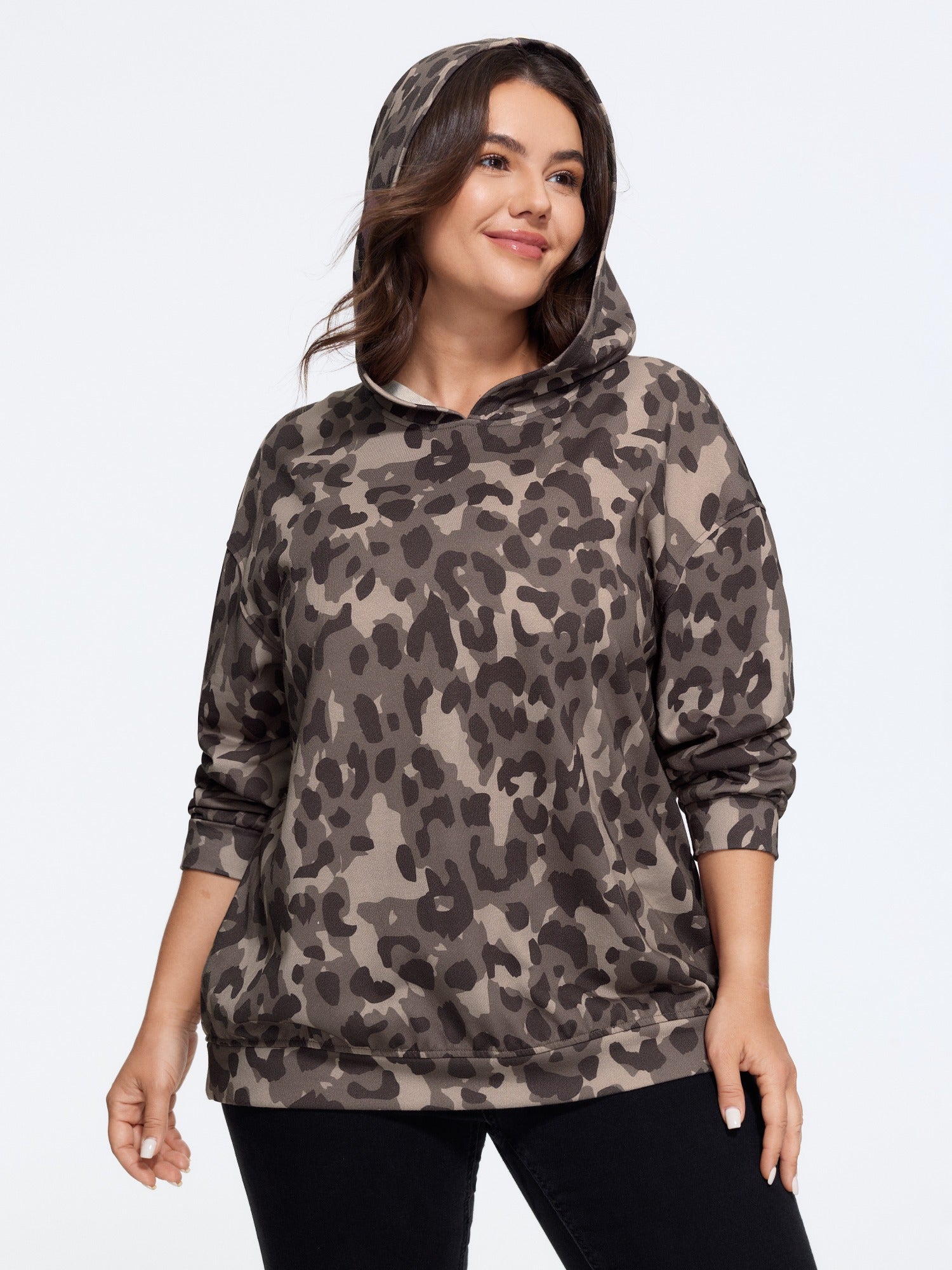 Leopard Print Drop Shoulder Hoodie Sweatshirt