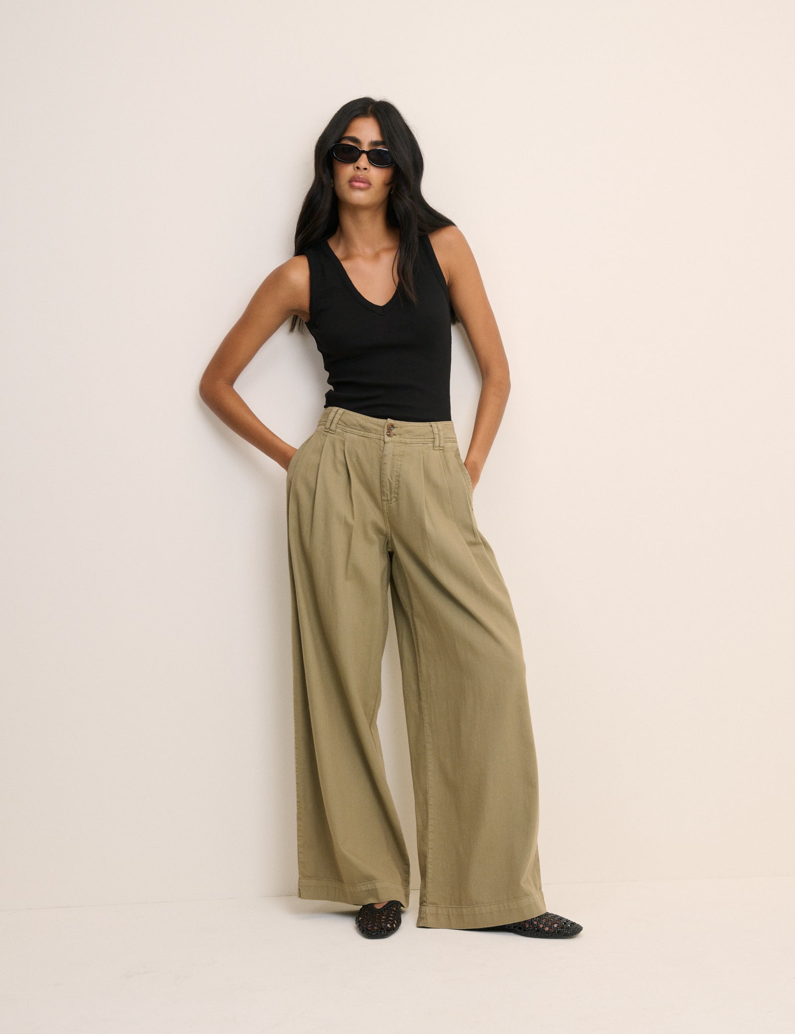 Green Pleated Wide Leg Trousers