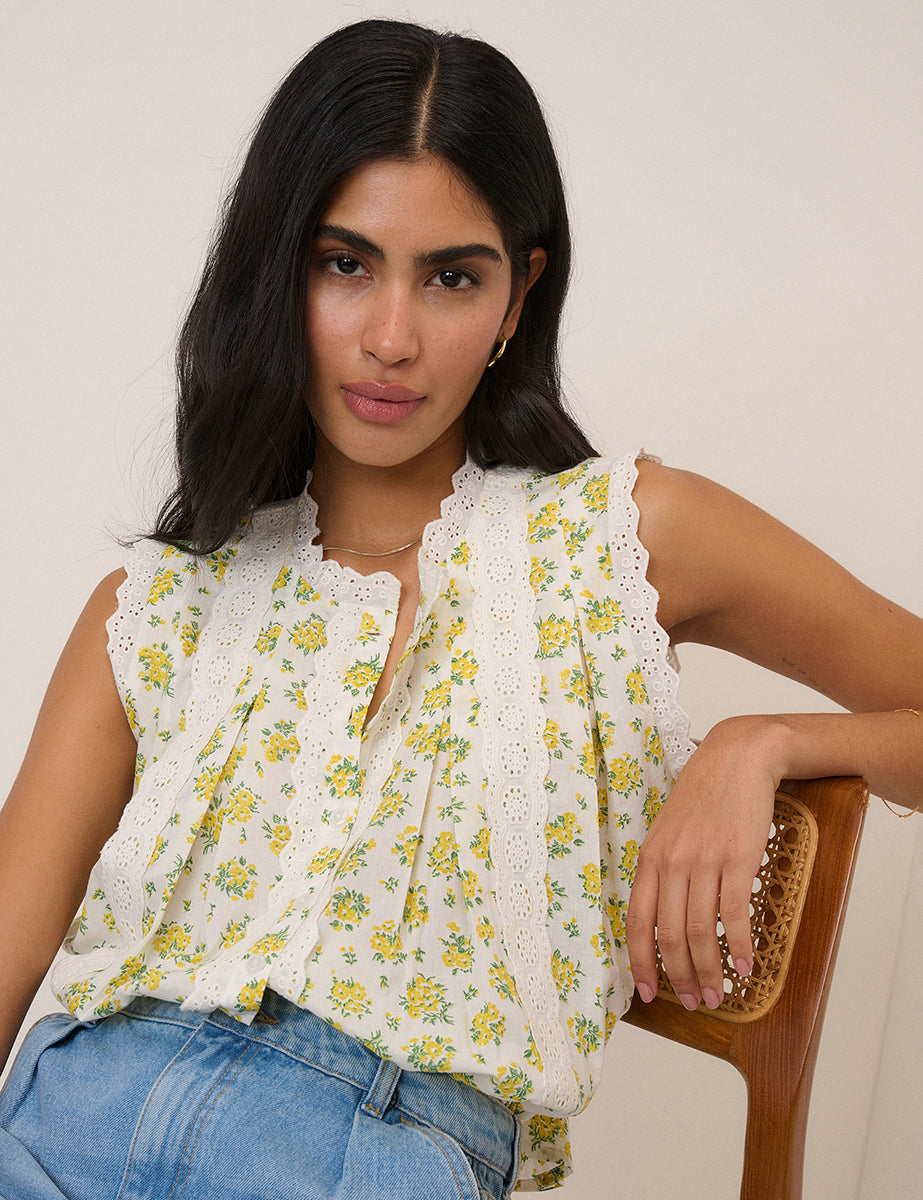 White Floral Broderie Anglaise Trim Blouse