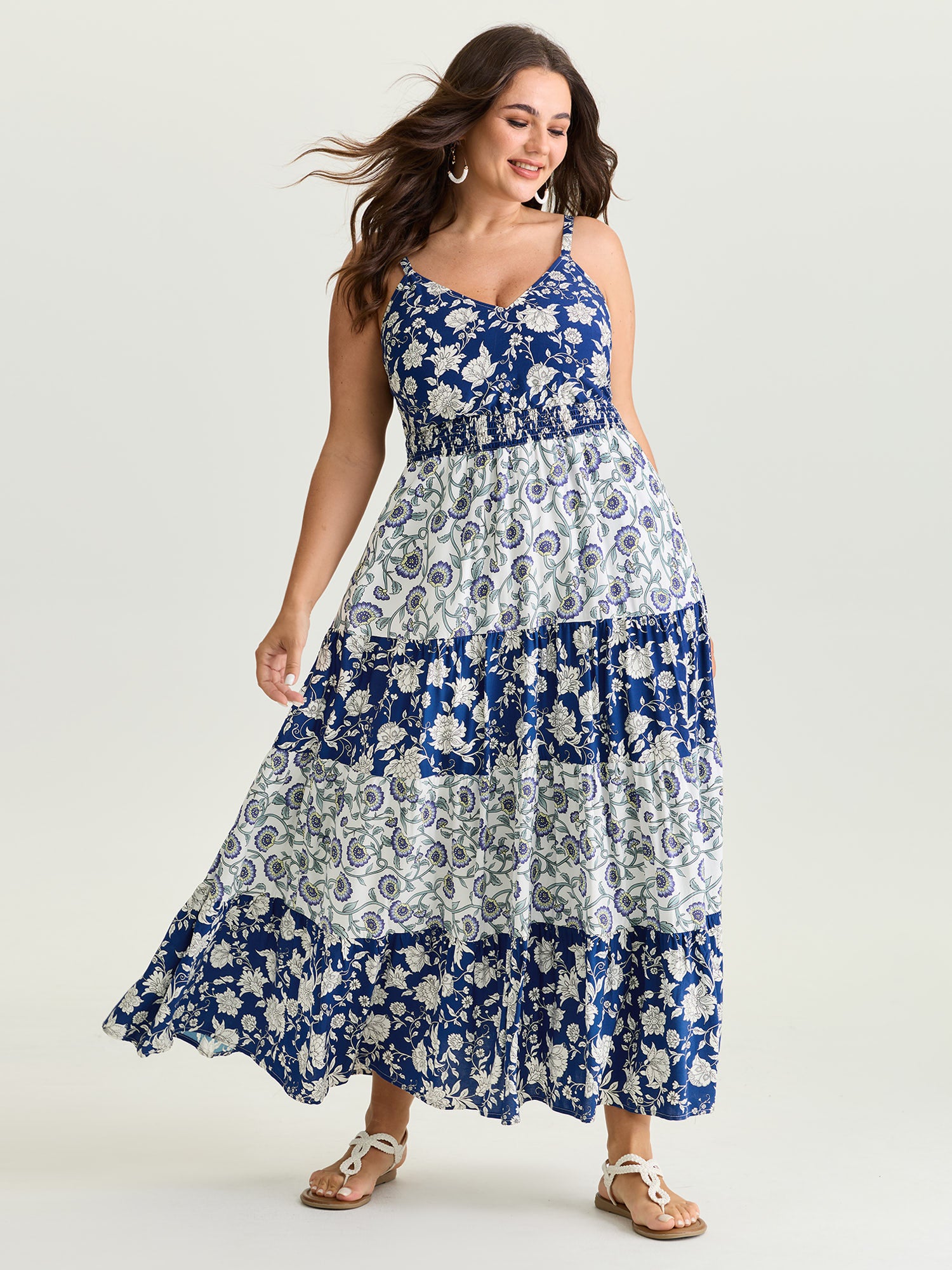 Colorblock Floral Print Tiered Maxi Dress