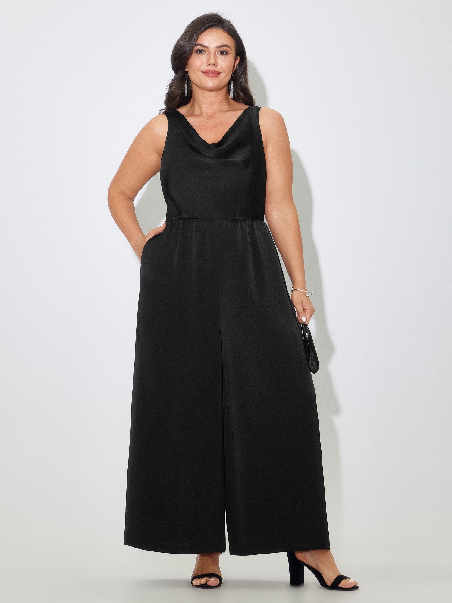 Satin Cowl Neck Pocket Sleeveless Jumpsuit