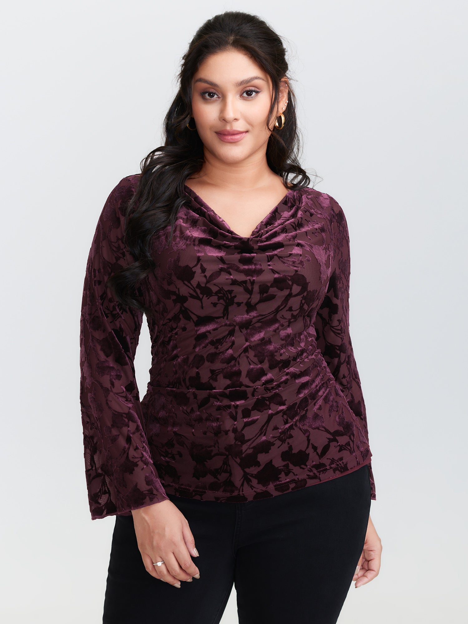 Floral Stretchy Sheer Mesh Cowl Neck Top