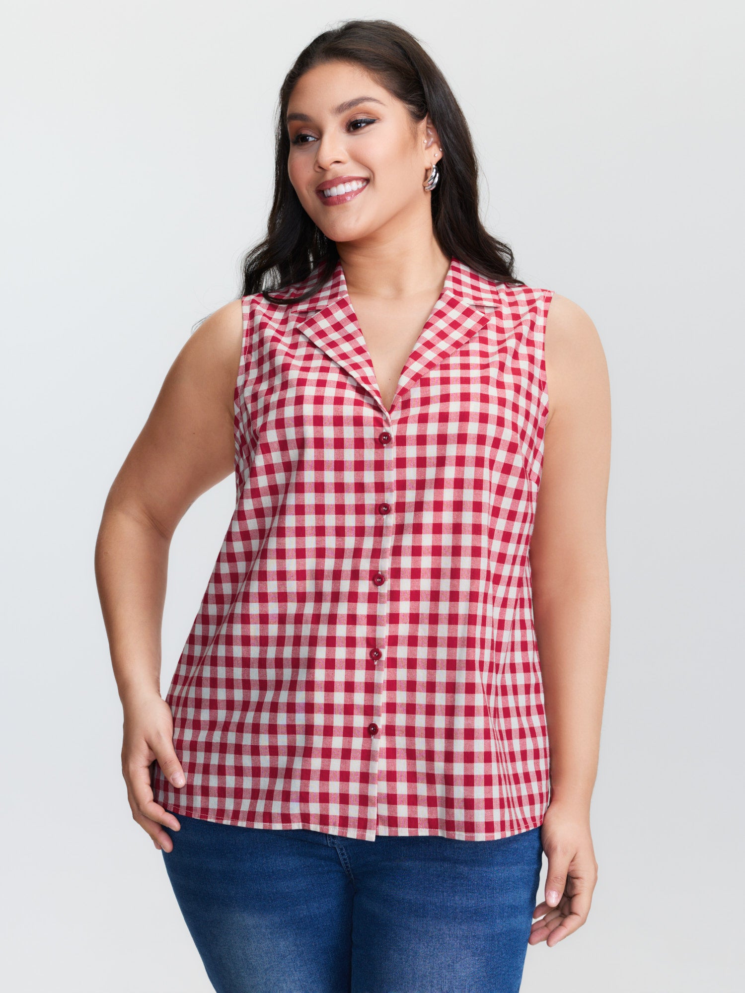 Cotton Gingham Print Lapel Collar Tank Top
